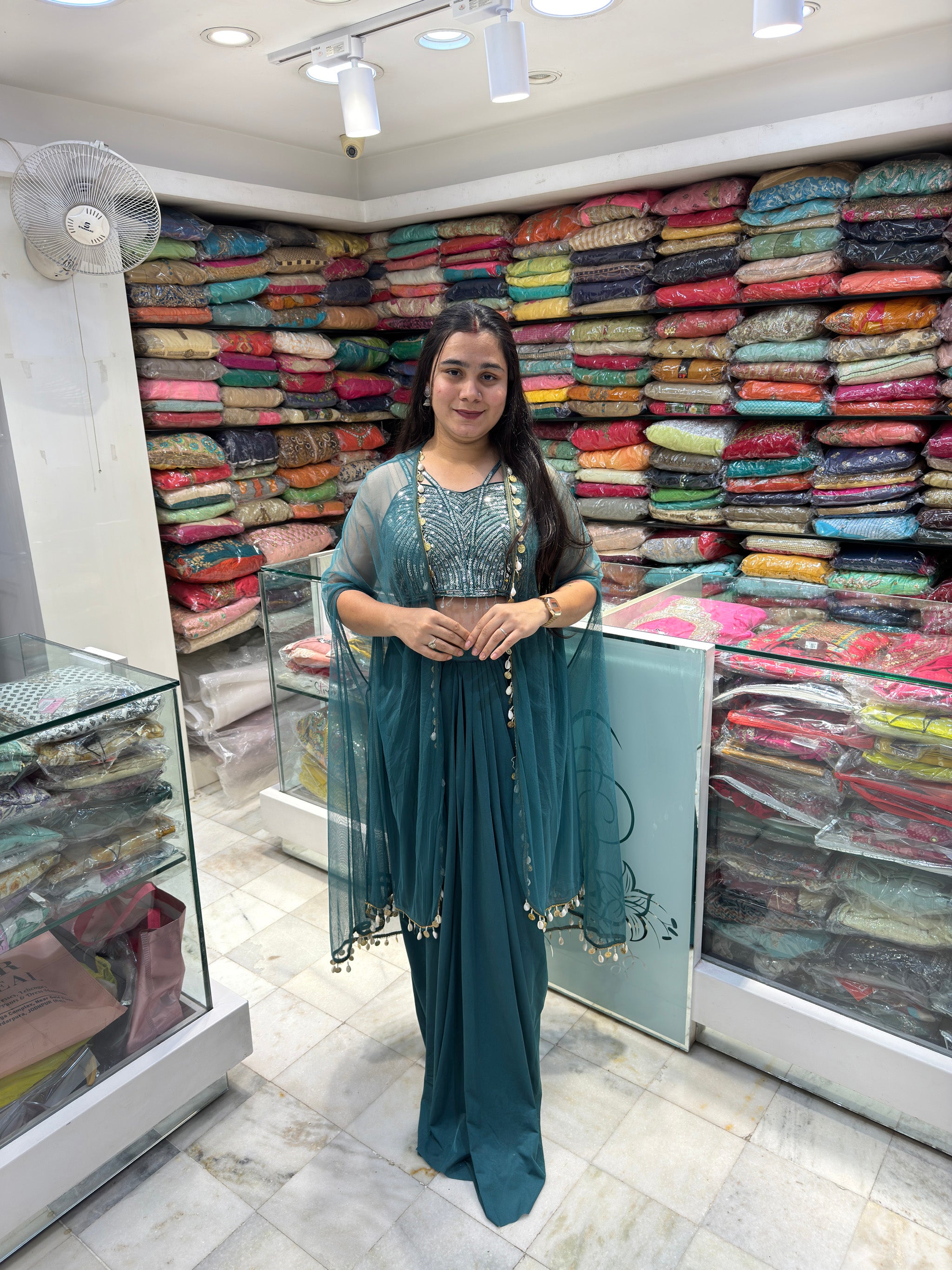 teal green sequence work cowl skirt indo western