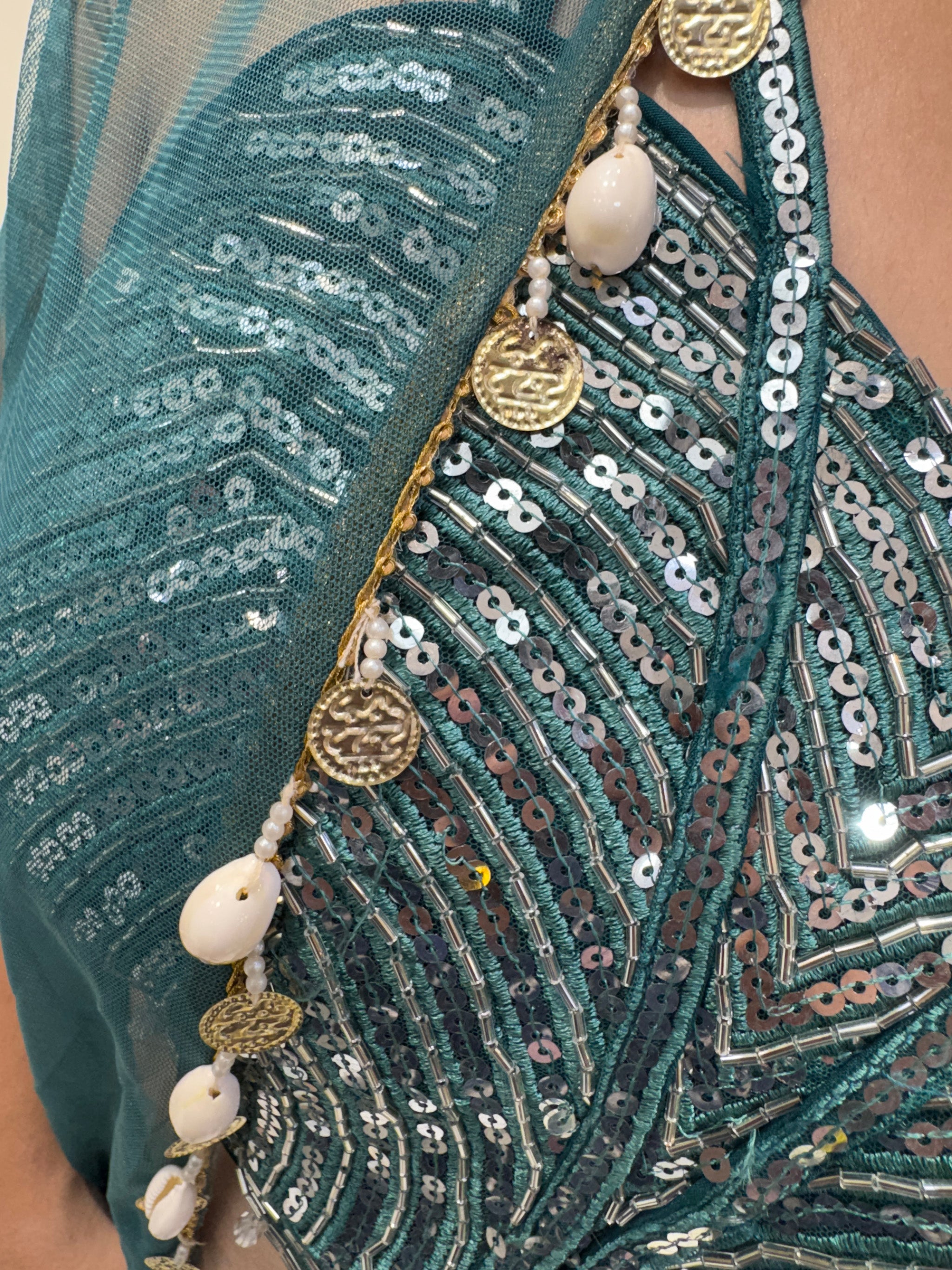 teal green sequence work cowl skirt indo western