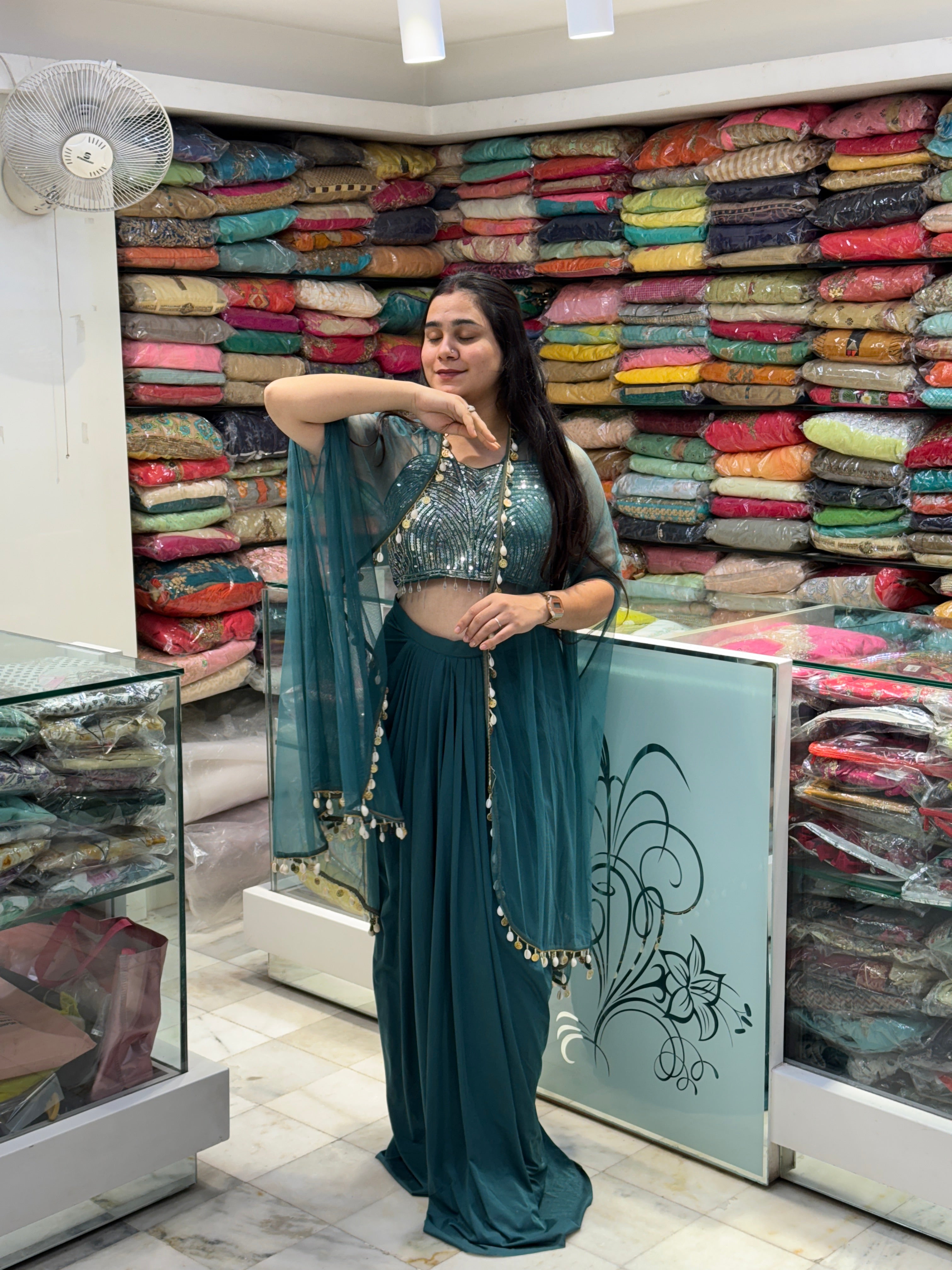 teal green sequence work cowl skirt indo western