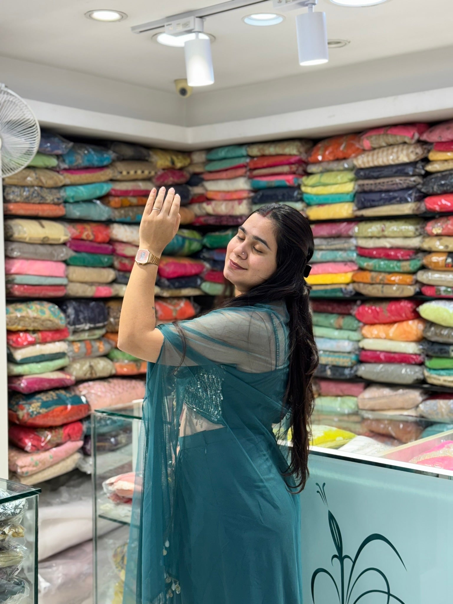 teal green sequence work cowl skirt indo western