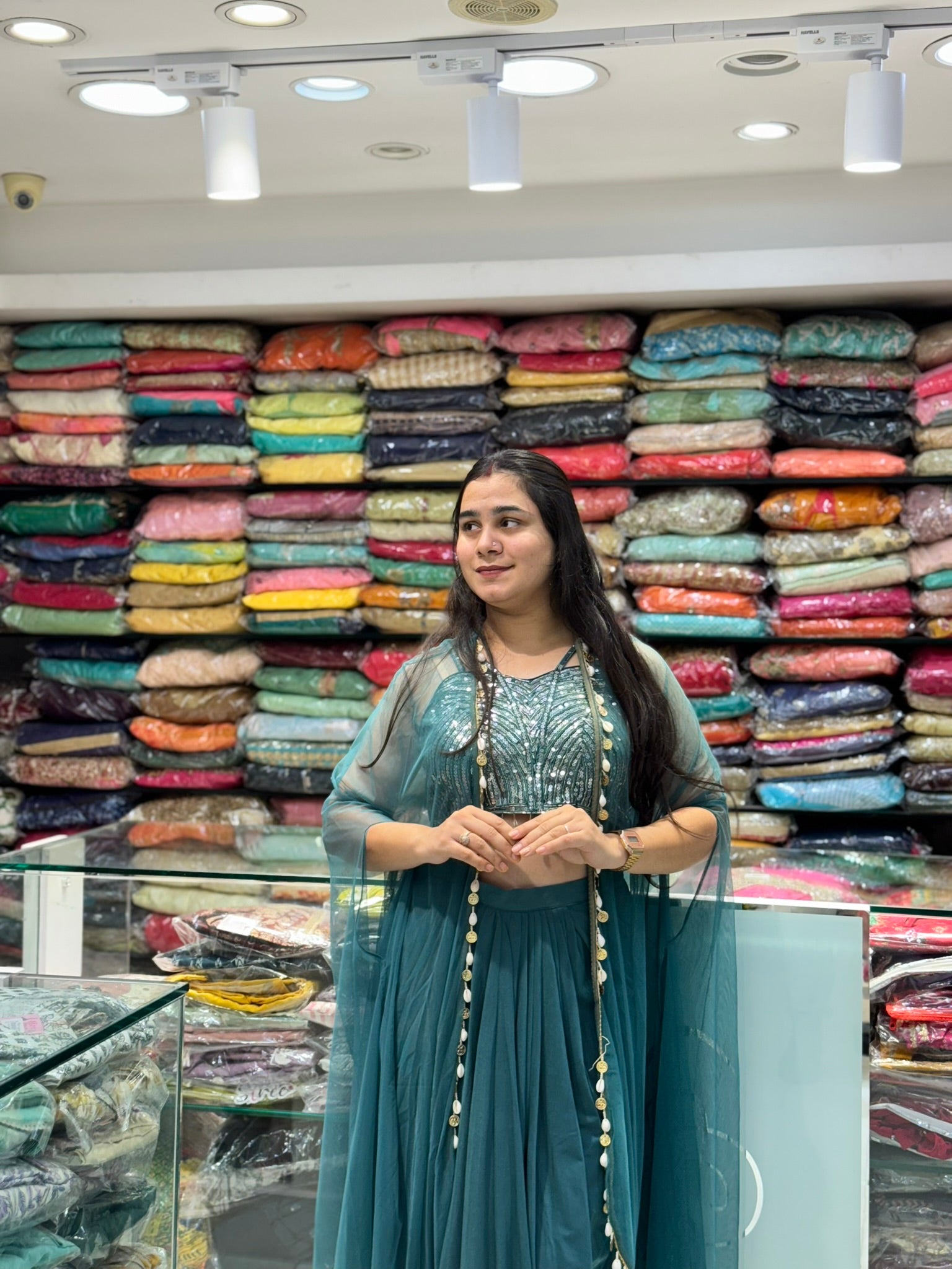 teal green sequence work cowl skirt indo western