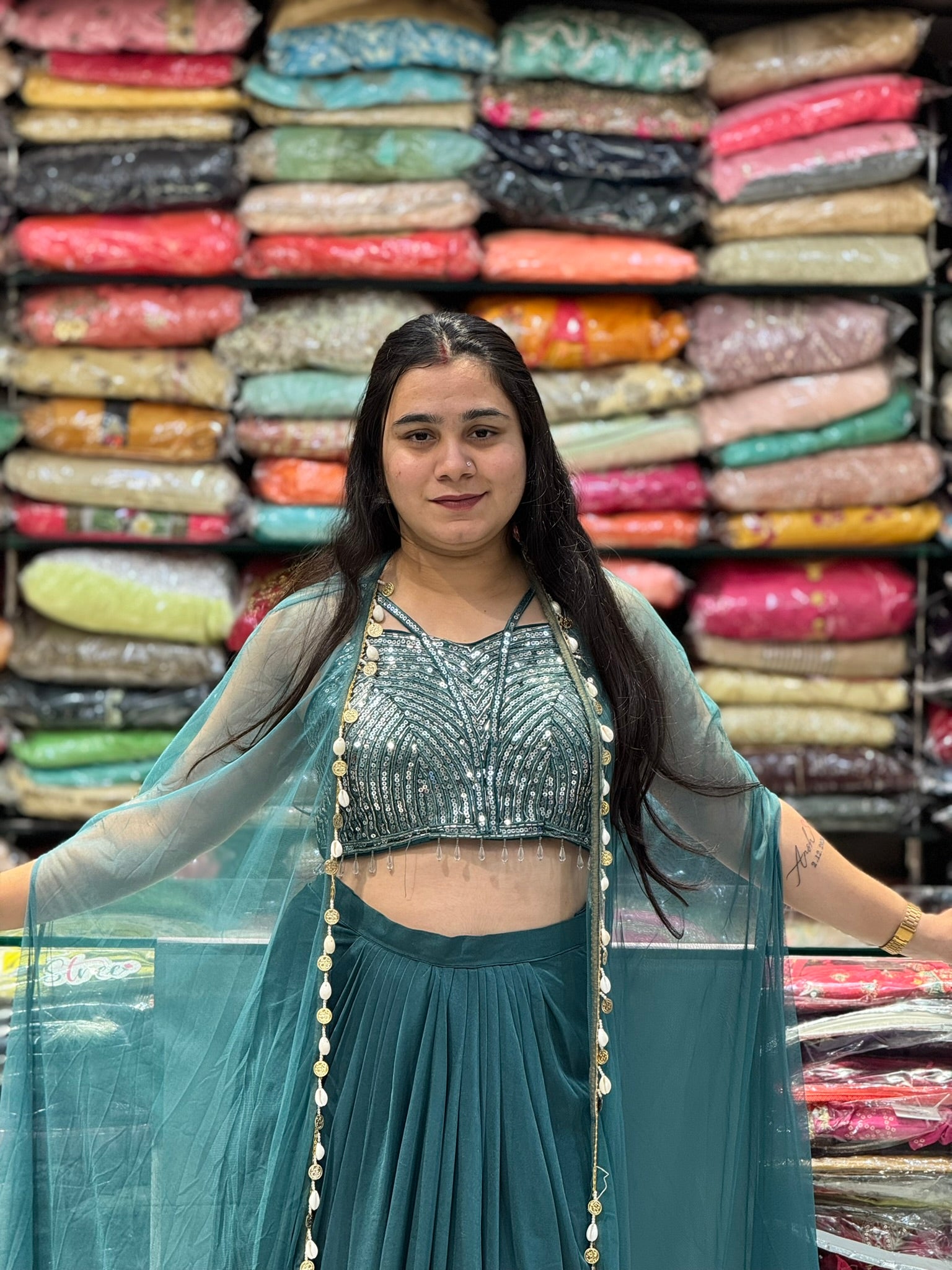 teal green sequence work cowl skirt indo western