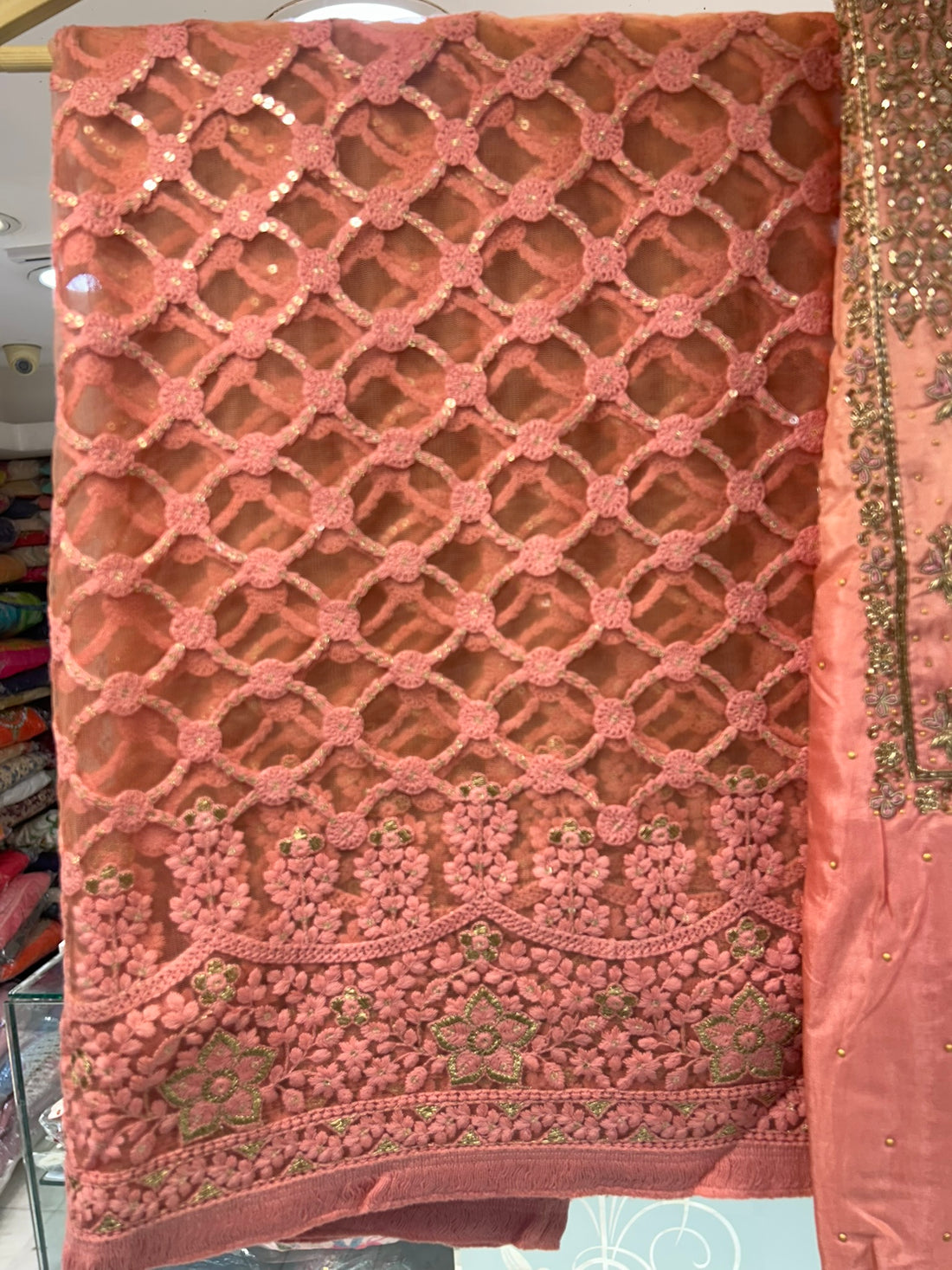 Pure crepe silk embroidered crocia dupatta with zardosi hand work neckline