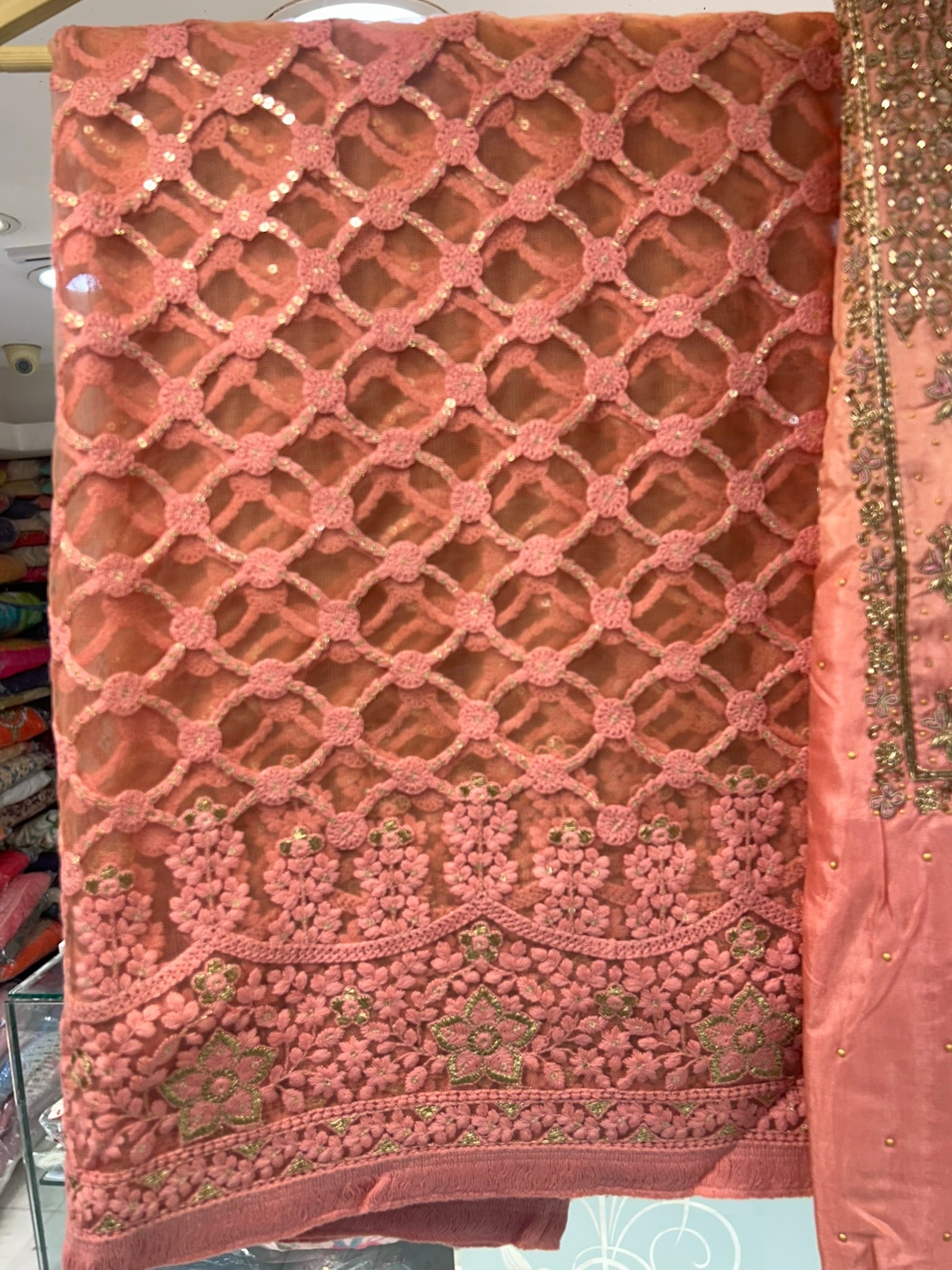 Pure crepe silk embroidered crocia dupatta with zardosi hand work neckline