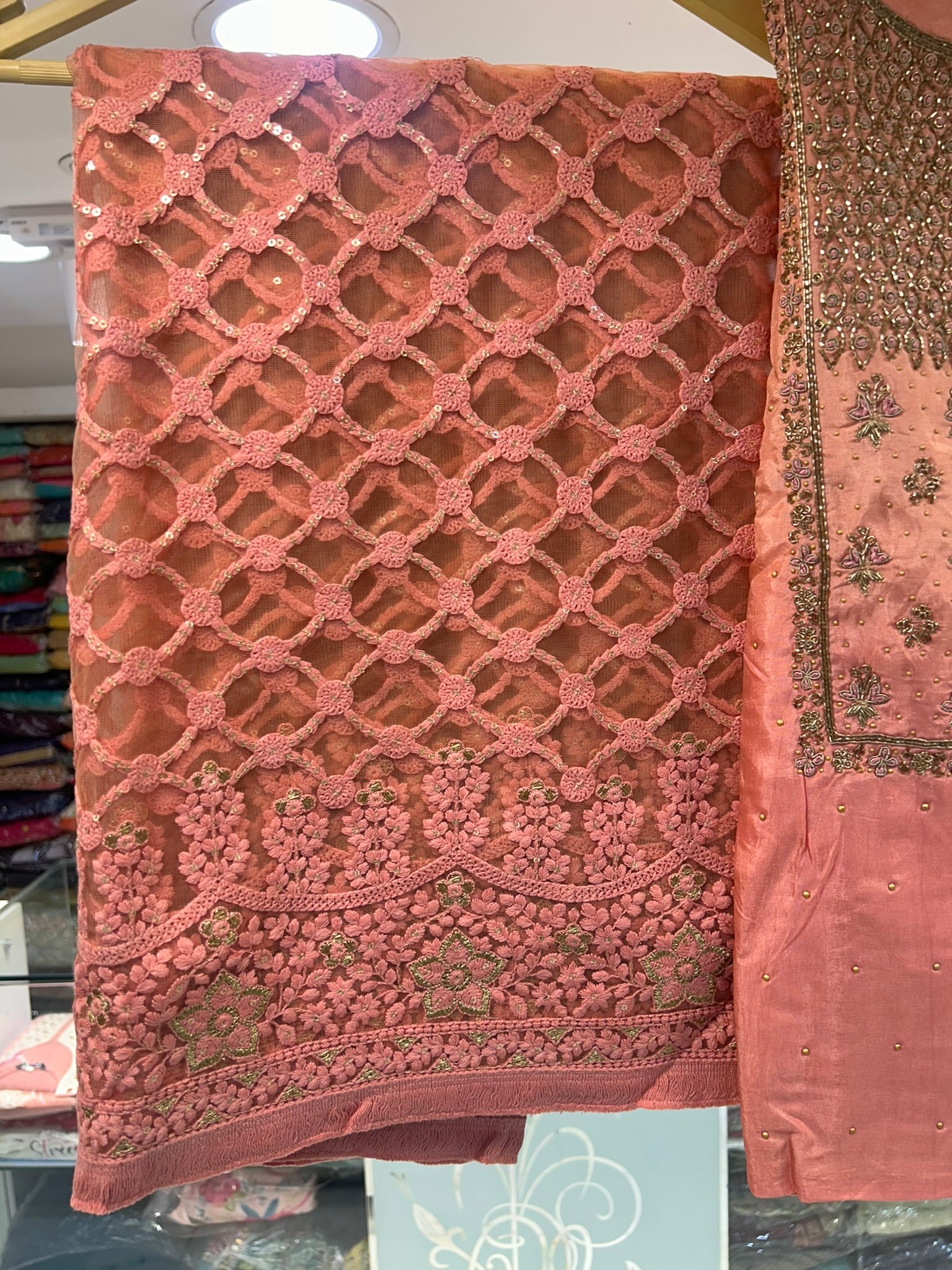 Pure crepe silk embroidered crocia dupatta with zardosi hand work neckline