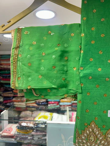 chanderi fabric with panel handwork in moti and zardosi