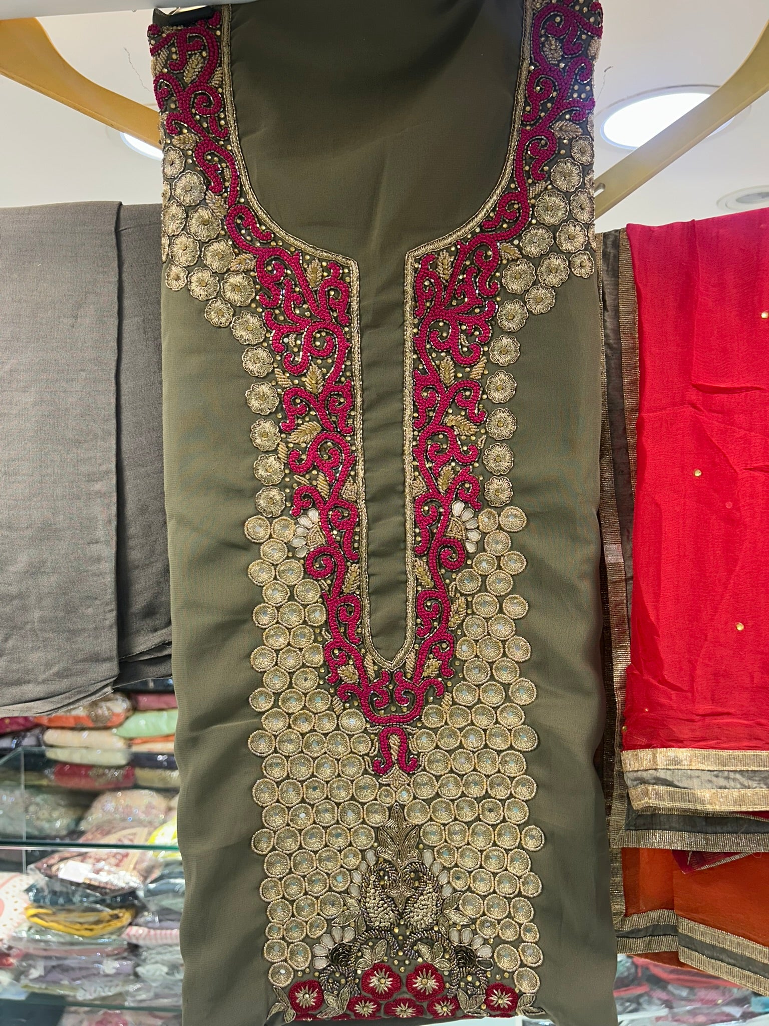 fancy designer zari thread and thread work georgette dress materials