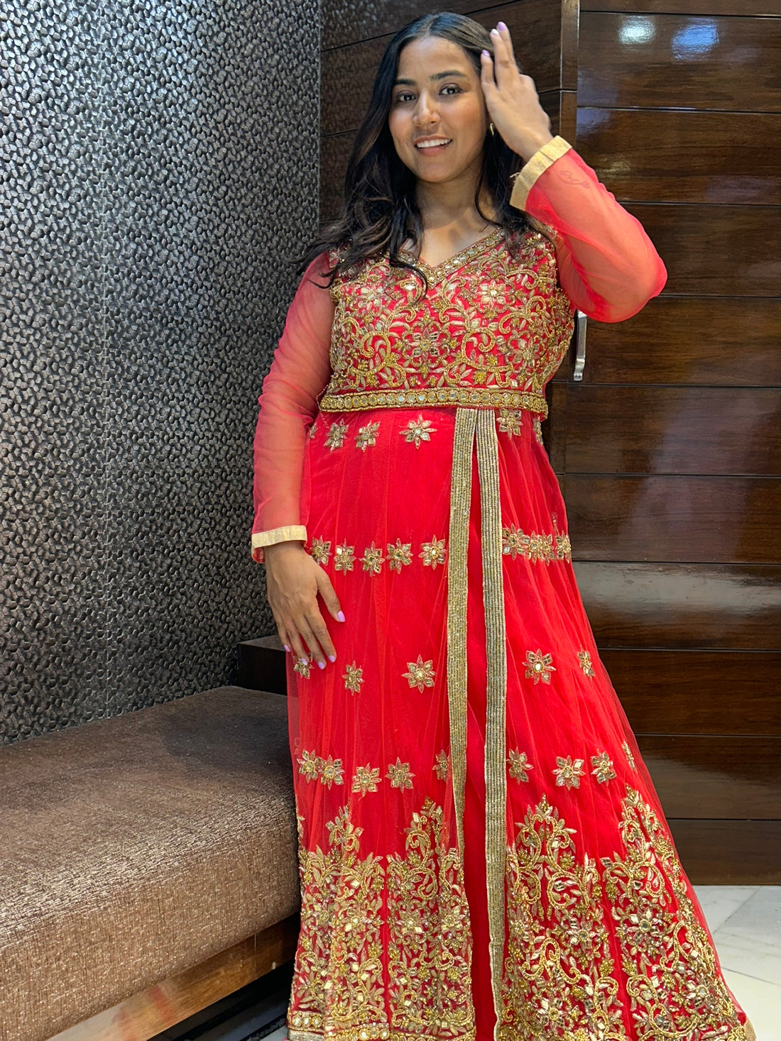 glass stone work long top with lehenga indowestern