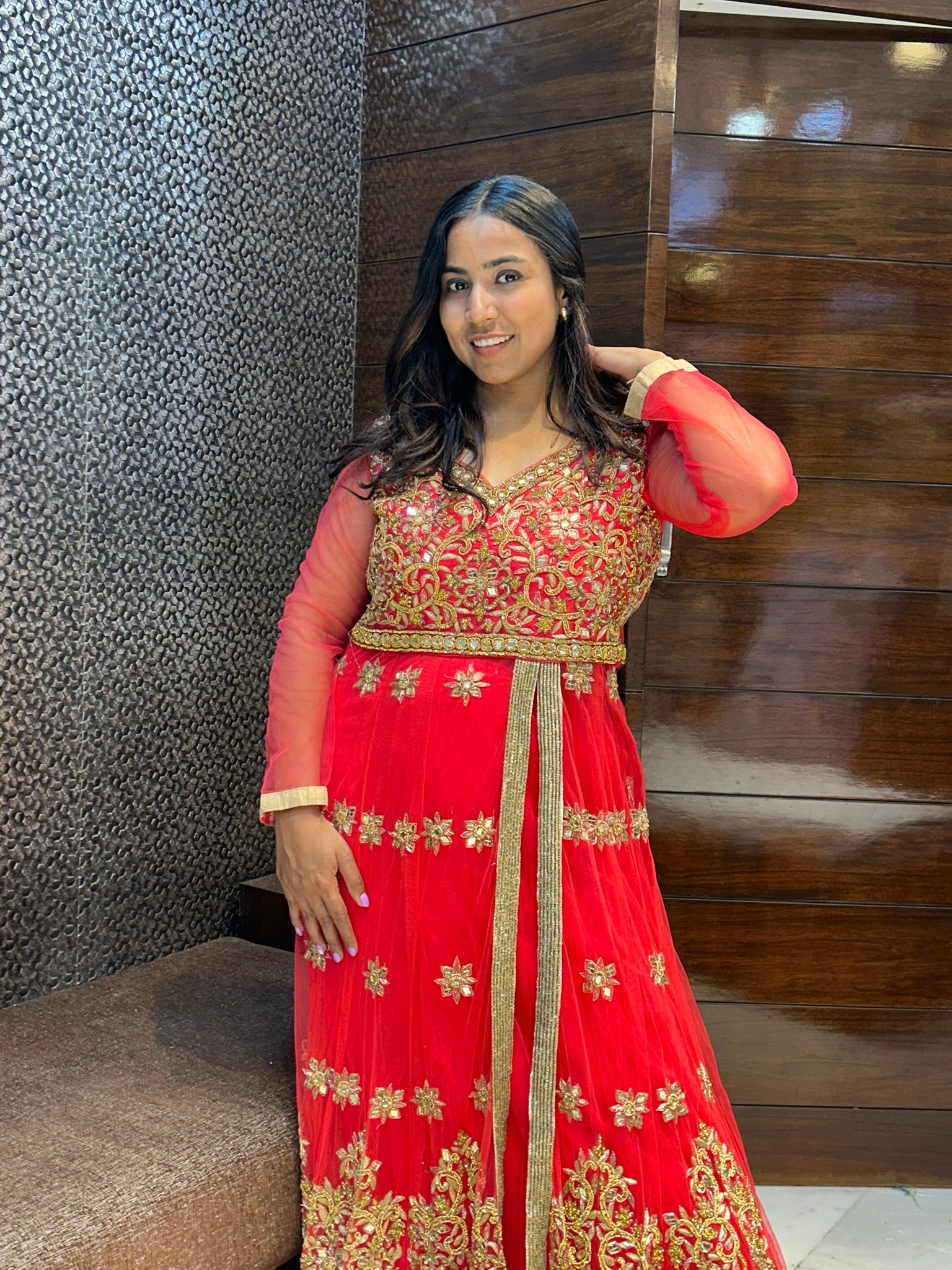 glass stone work long top with lehenga indowestern