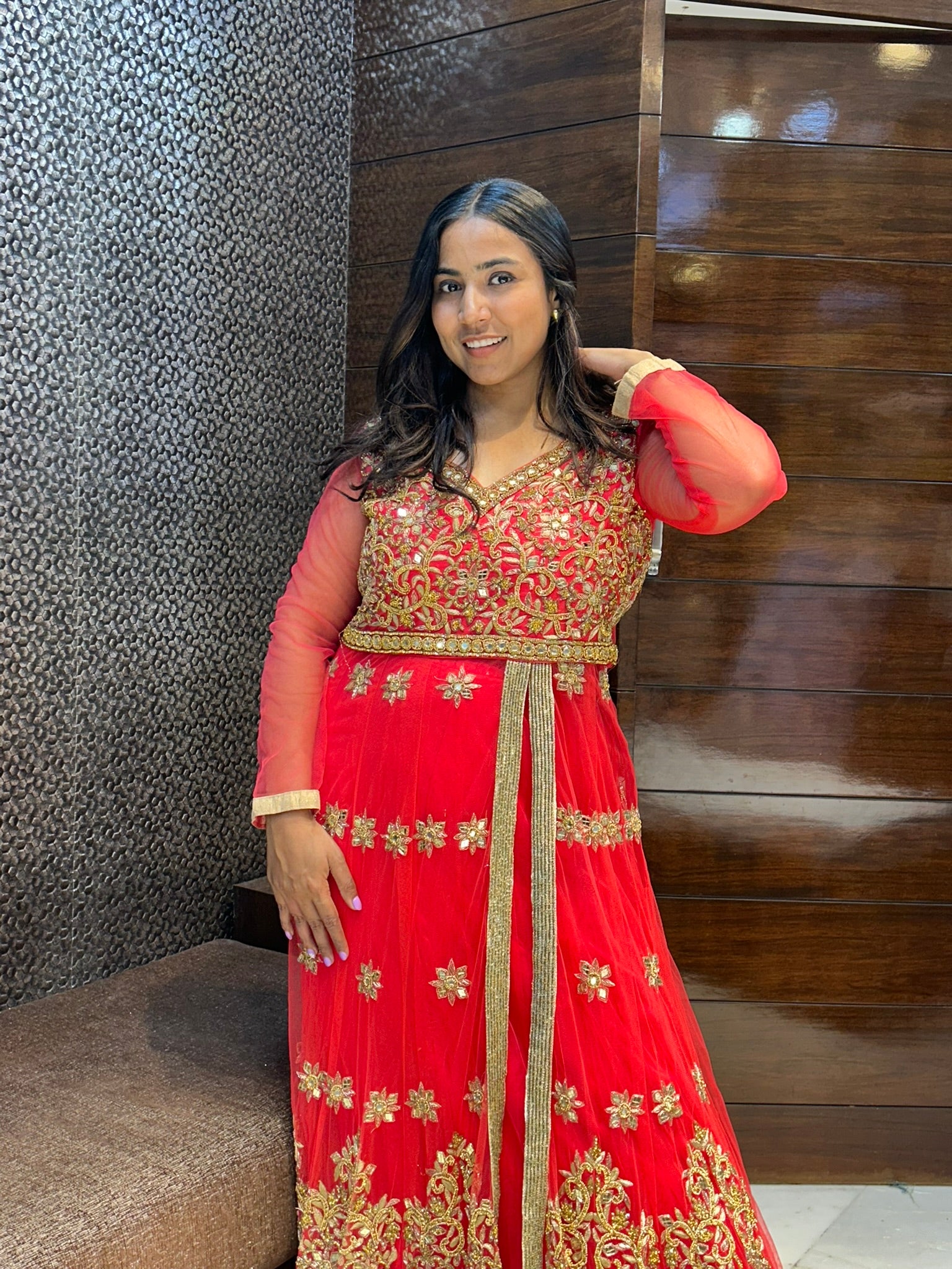 glass stone work long top with lehenga indowestern