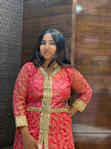 long embroidered indowestern with lace mirror work