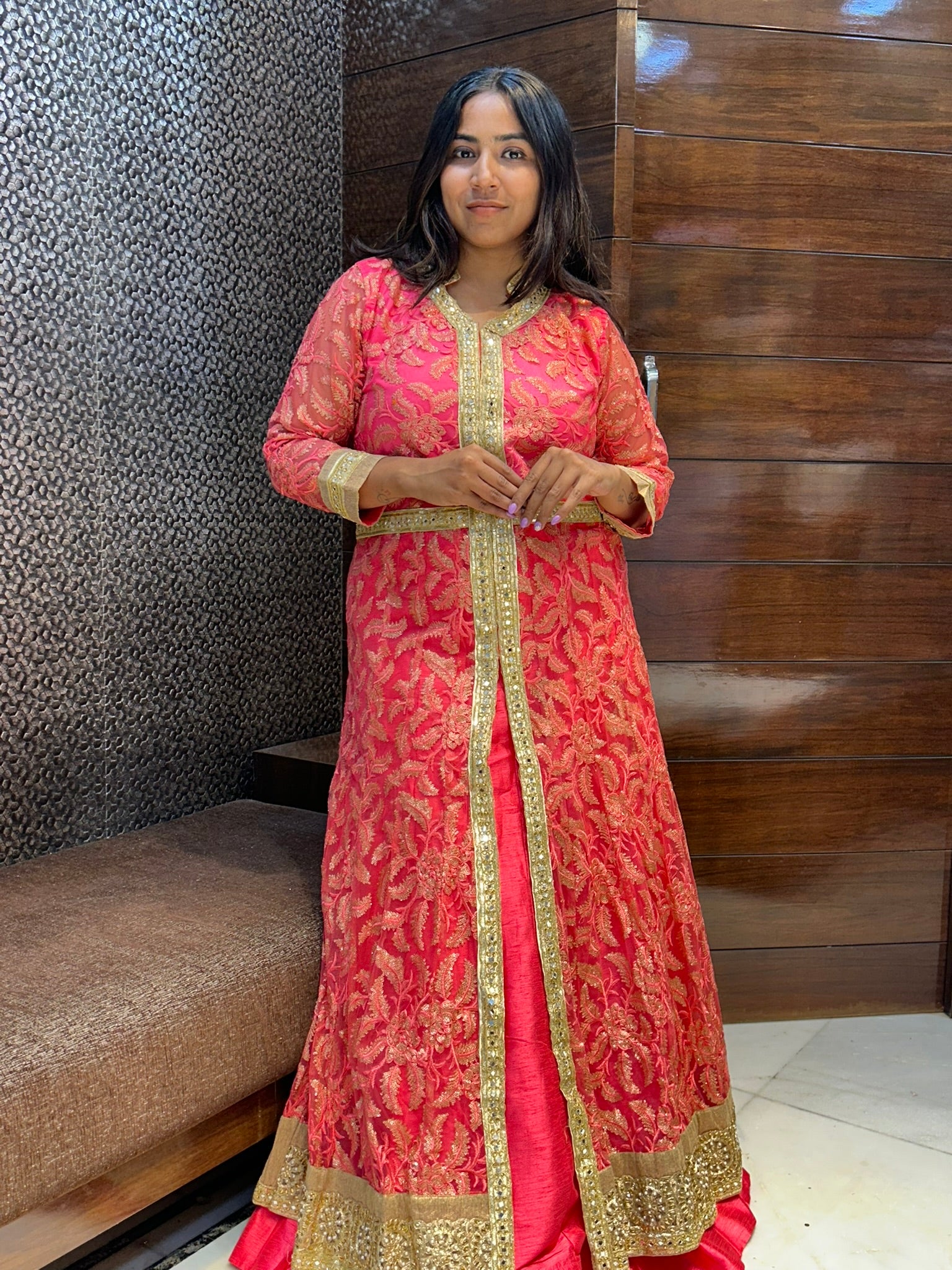 long embroidered indowestern with lace mirror work