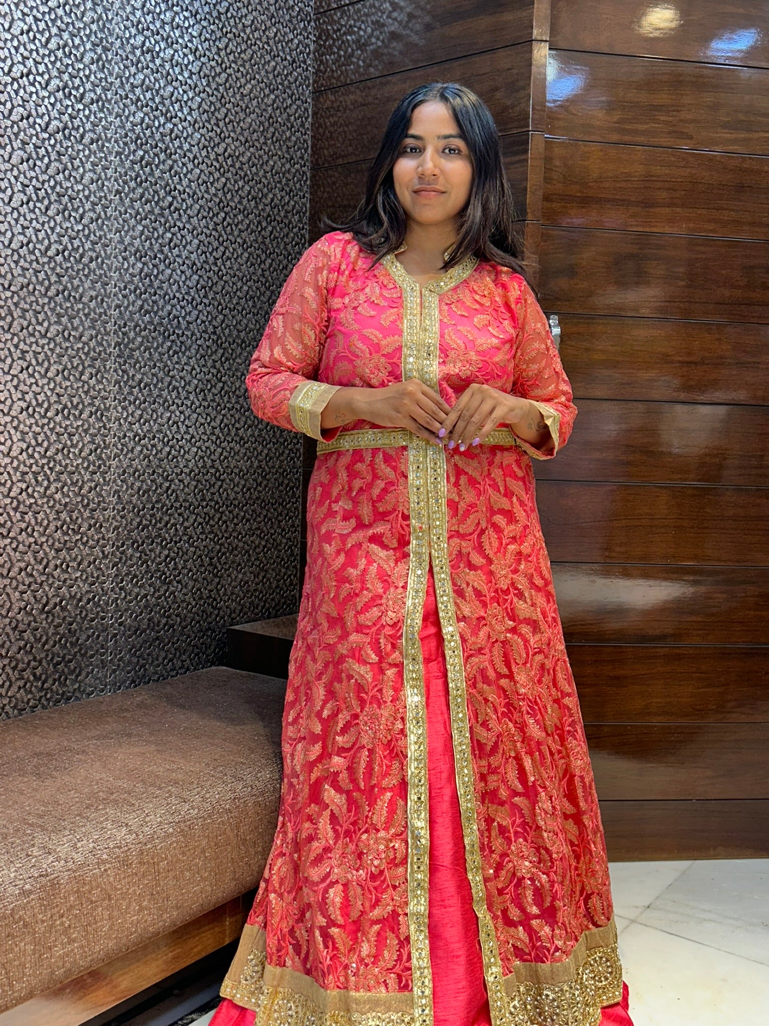 long embroidered indowestern with lace mirror work