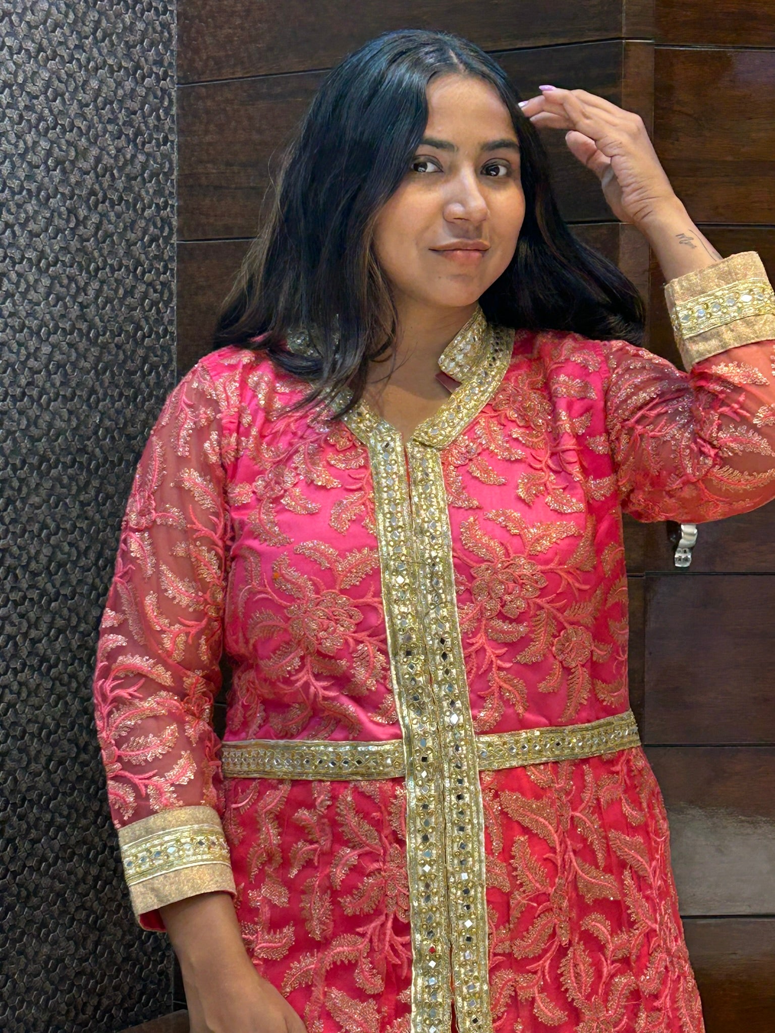 long embroidered indowestern with lace mirror work