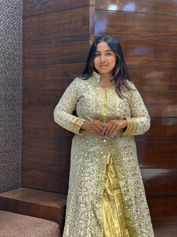 long indo western net embroidered lace work with golden silk lehenga