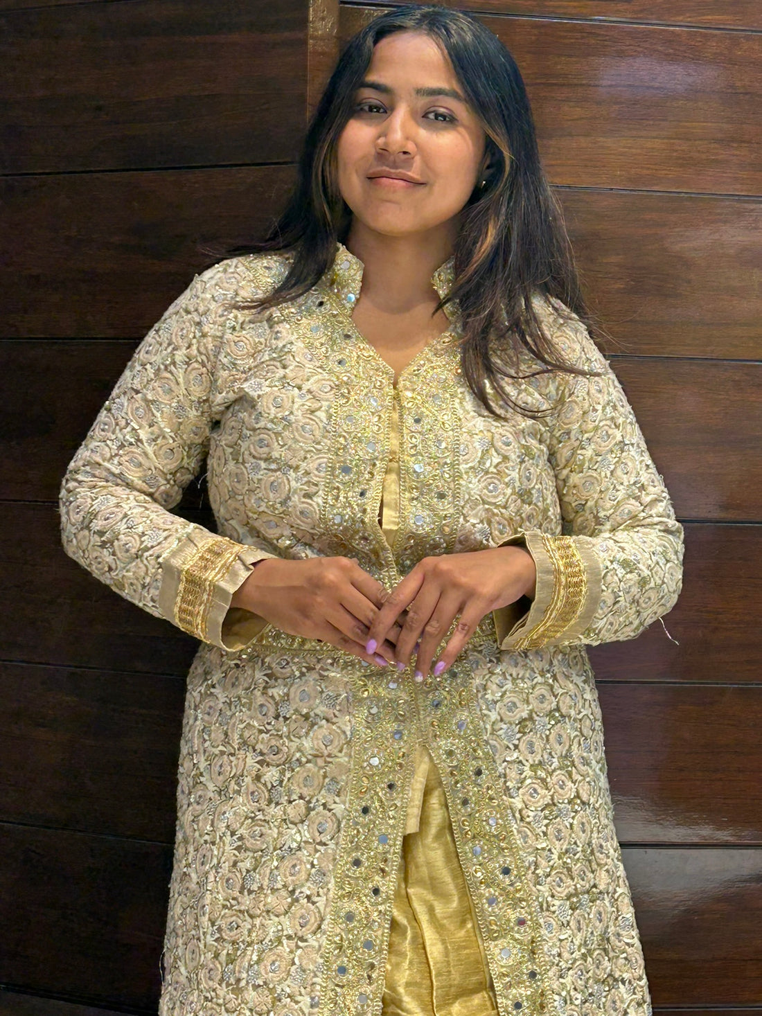 long indo western net embroidered lace work with golden silk lehenga