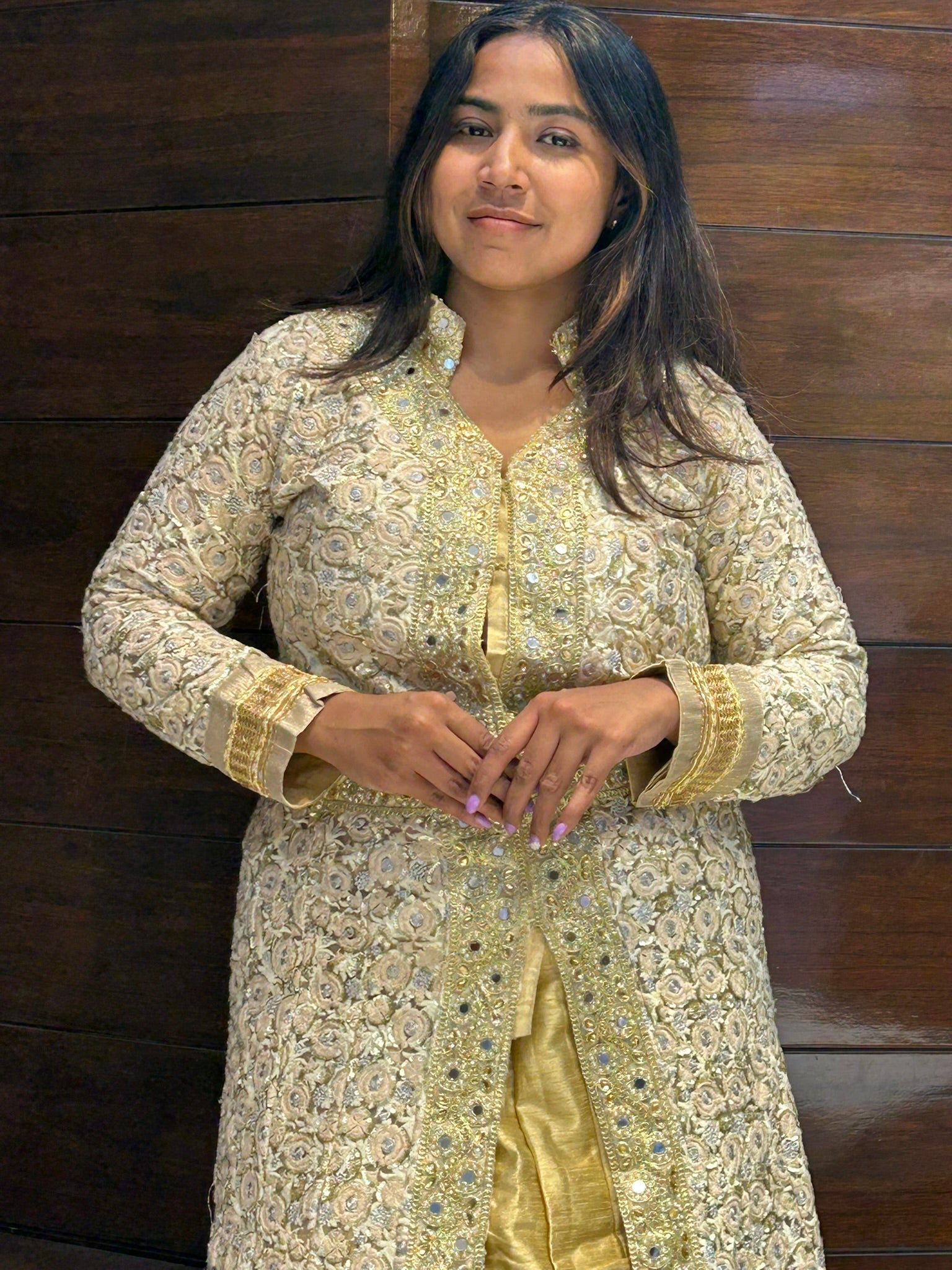 long indo western net embroidered lace work with golden silk lehenga