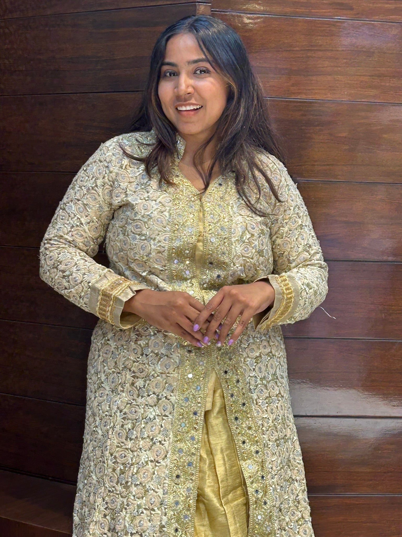 long indo western net embroidered lace work with golden silk lehenga