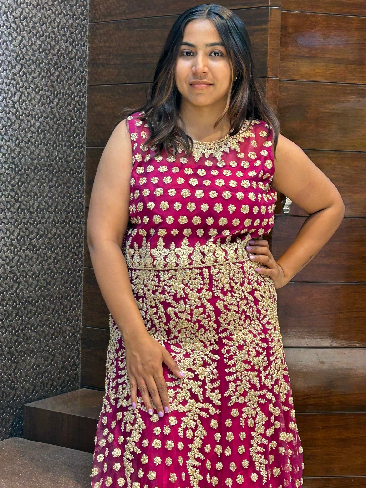 tail cut long zari thread work partywear gown