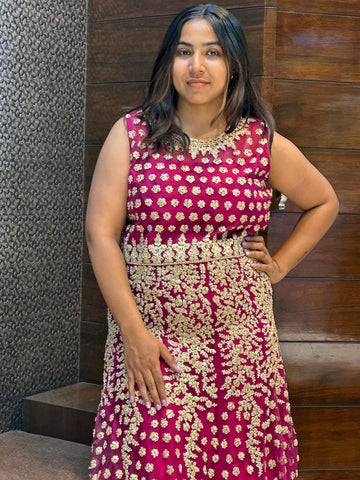 tail cut long zari thread work partywear gown