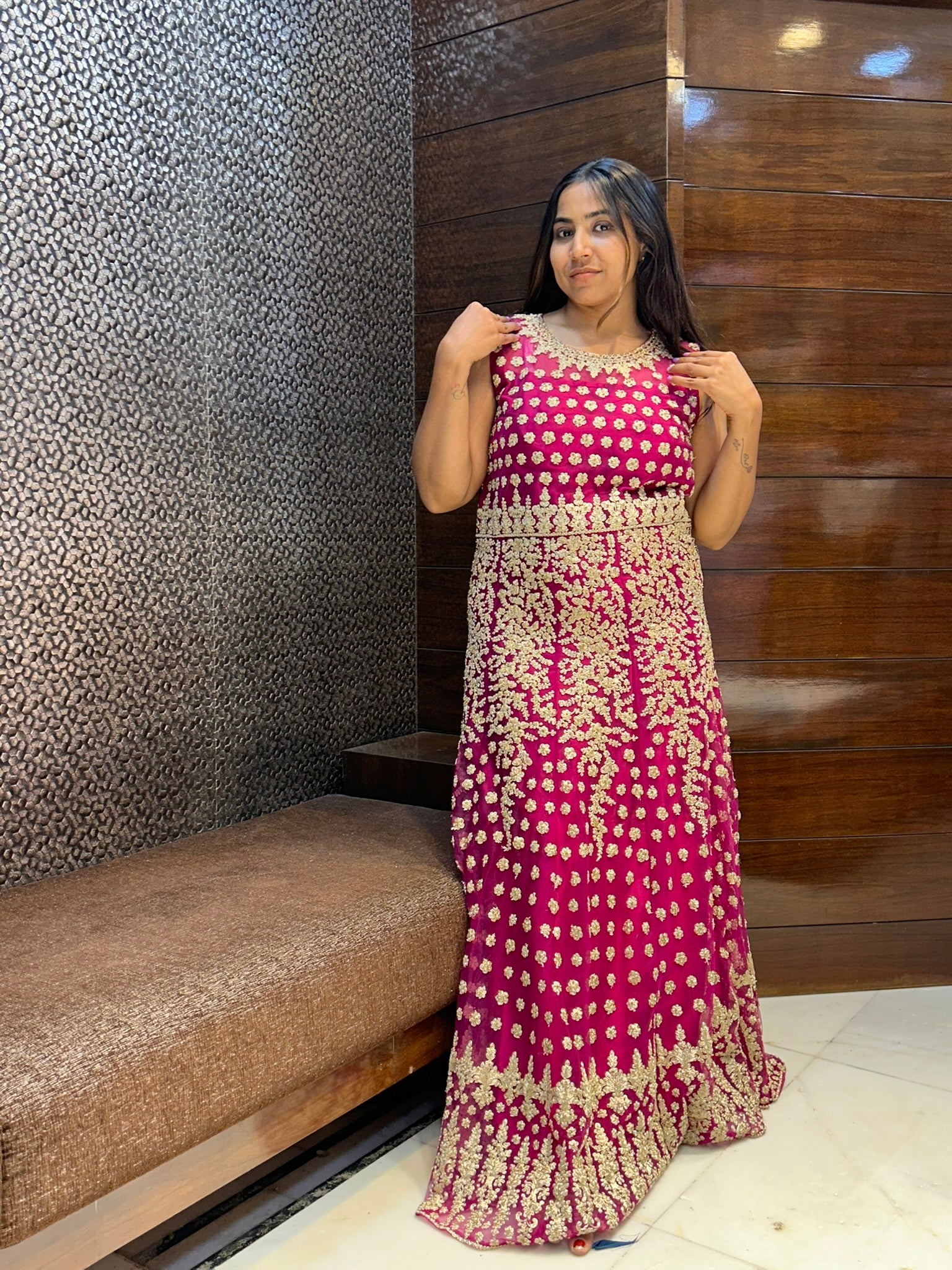 tail cut long zari thread work partywear gown