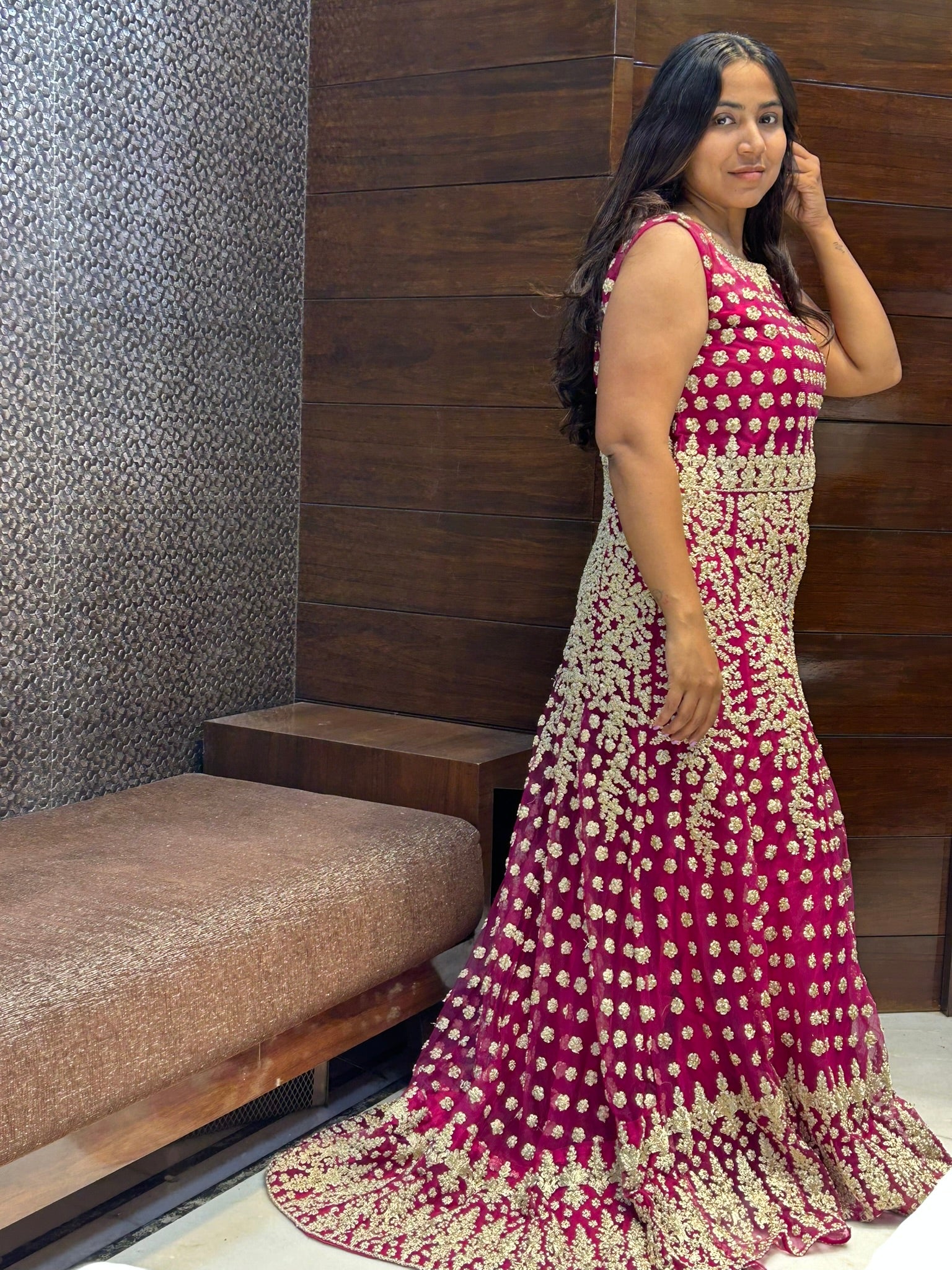 tail cut long zari thread work partywear gown