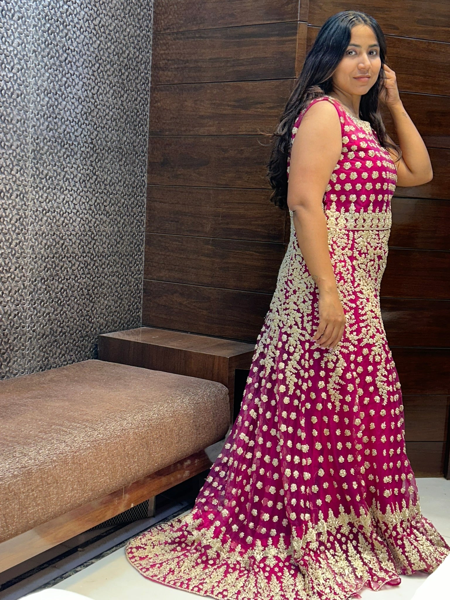 tail cut long zari thread work partywear gown