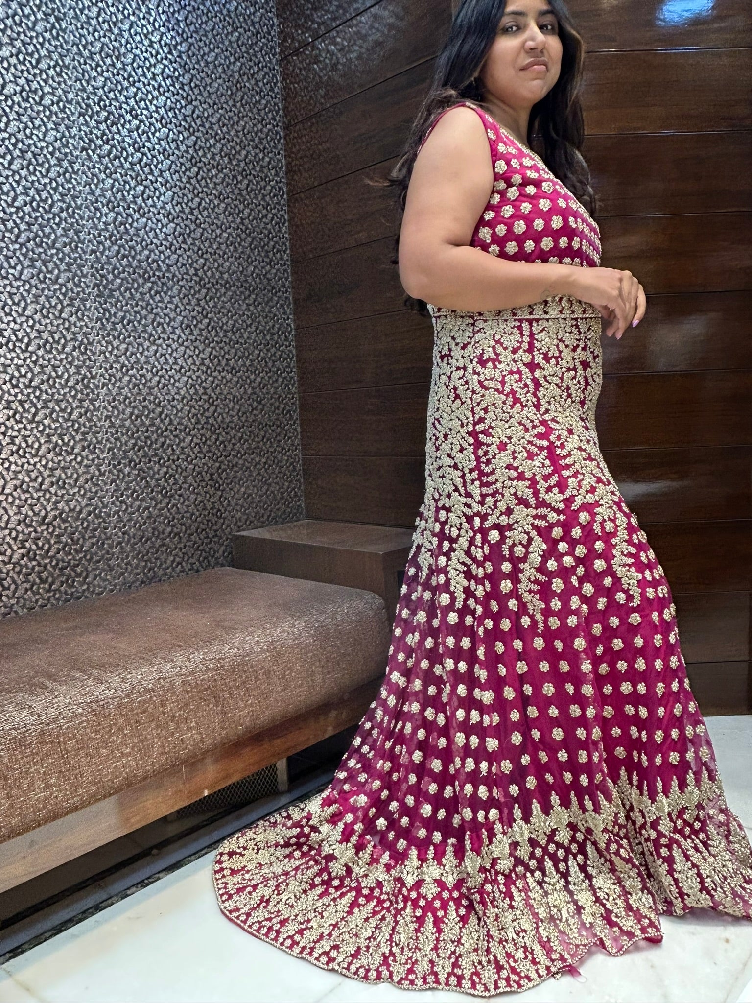 tail cut long zari thread work partywear gown