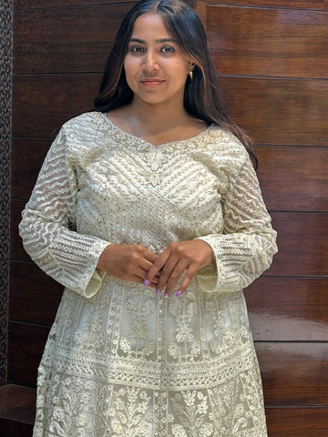 long embroidered creme gown with jacket for wedding