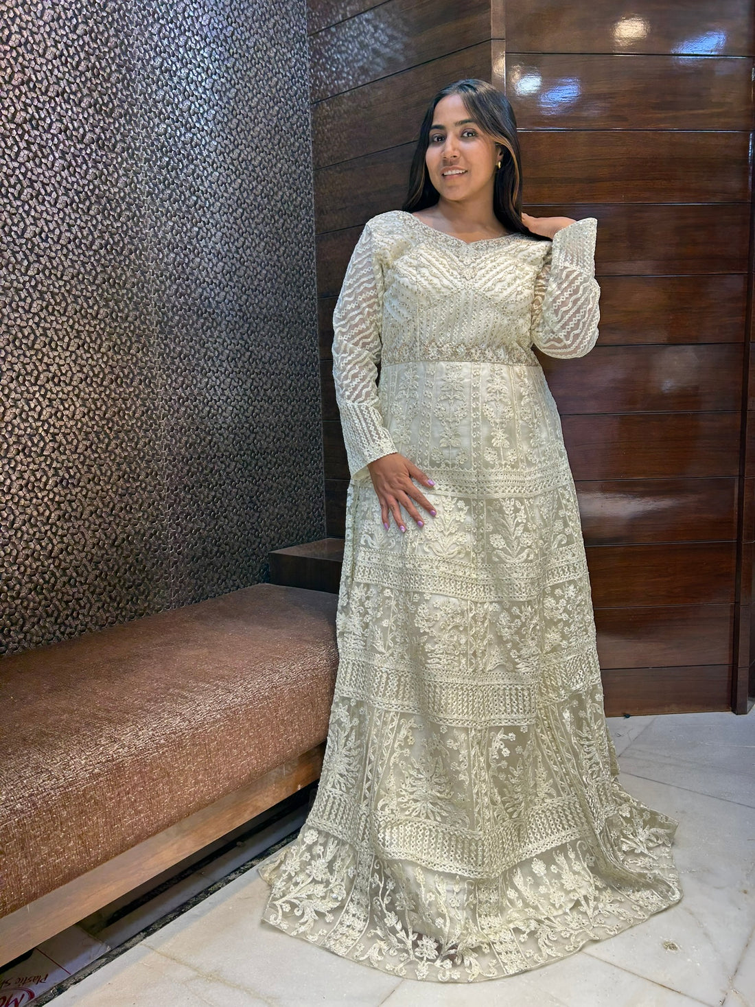 long embroidered creme gown with jacket for wedding