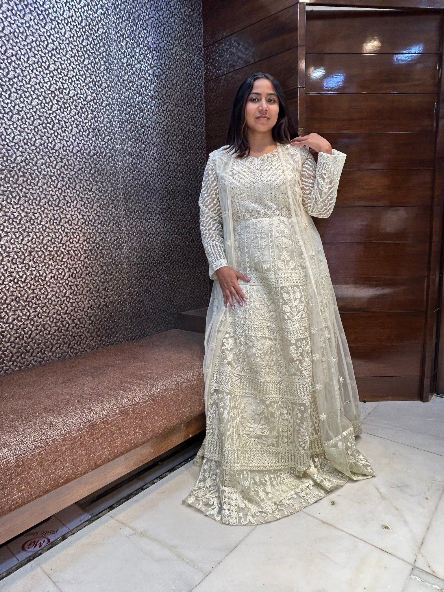 long embroidered creme gown with jacket for wedding