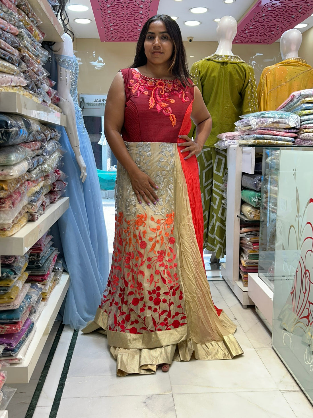 long embroidered partywear double layered gown