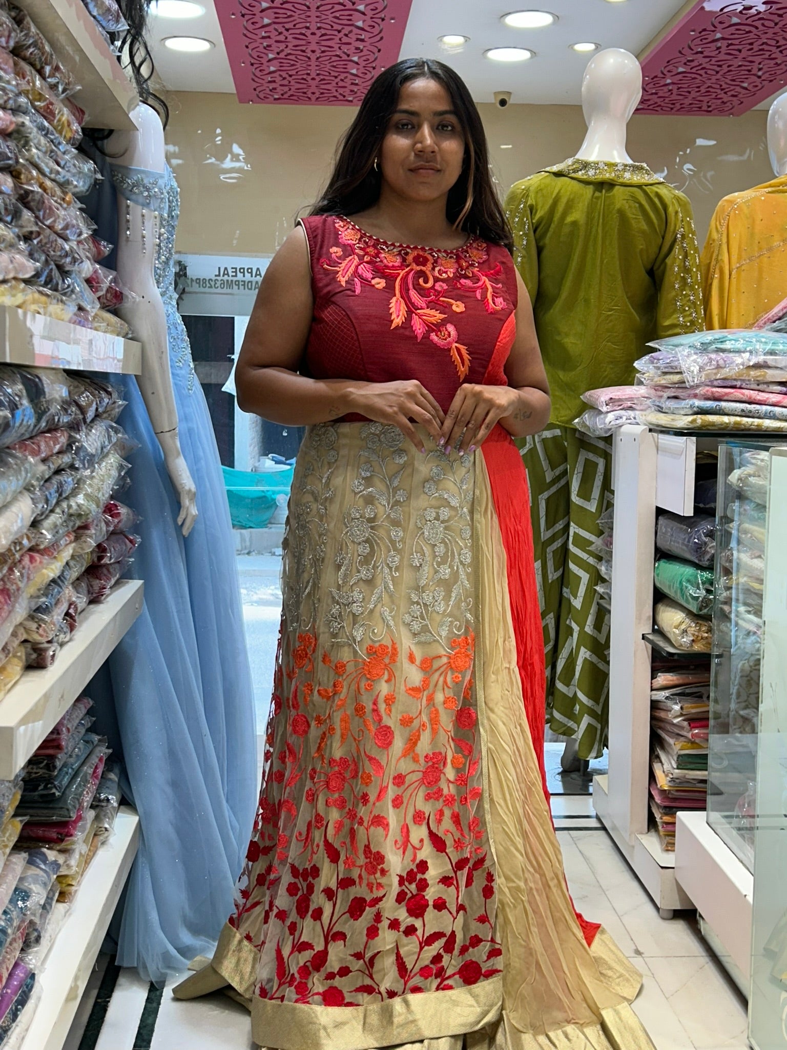 long embroidered partywear double layered gown