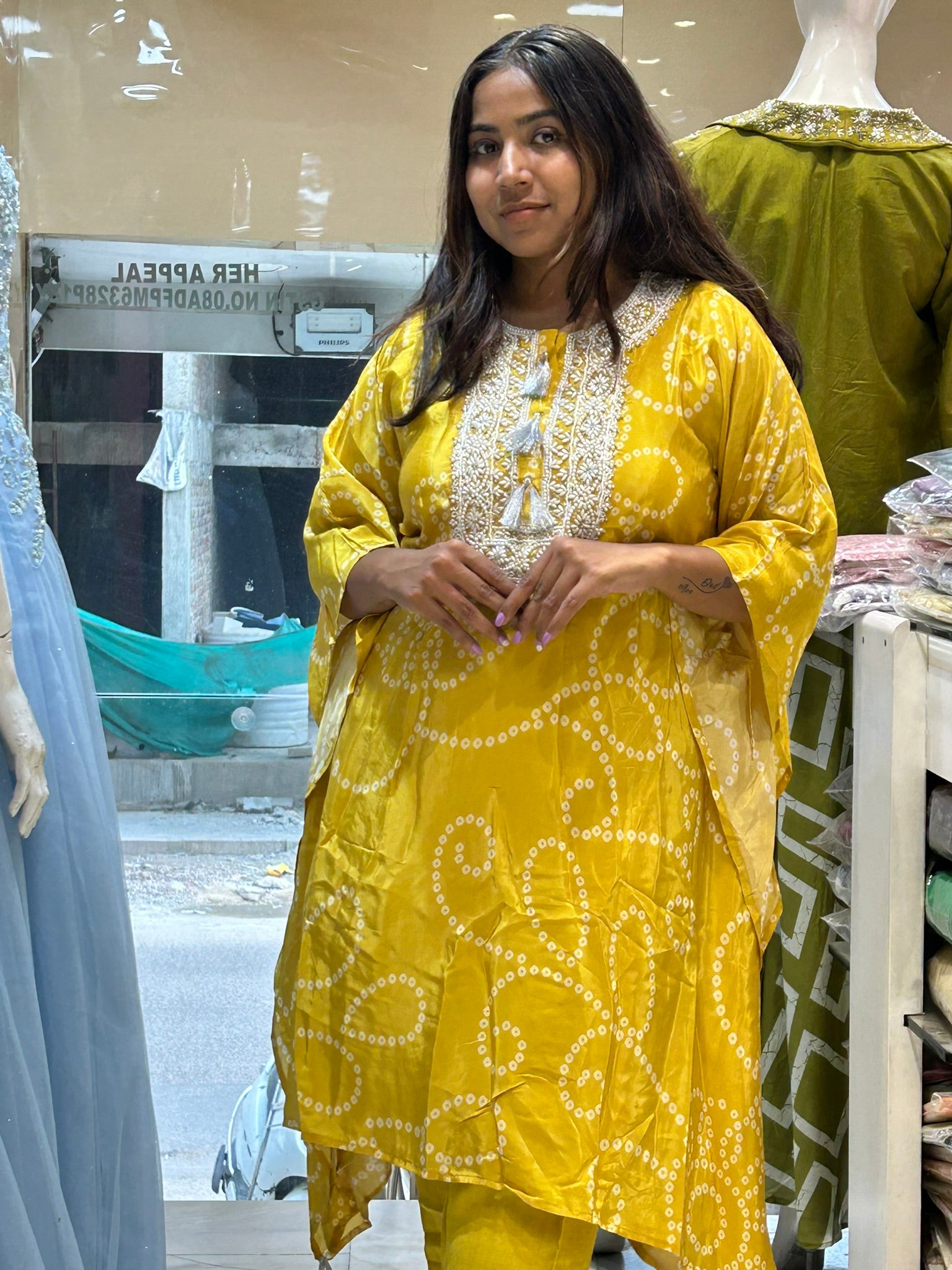 bandani print pure crepe moti pearl kaftaan