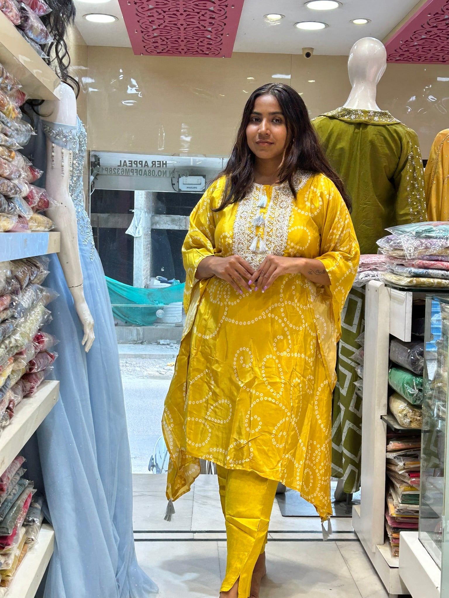 bandani print pure crepe moti pearl kaftaan