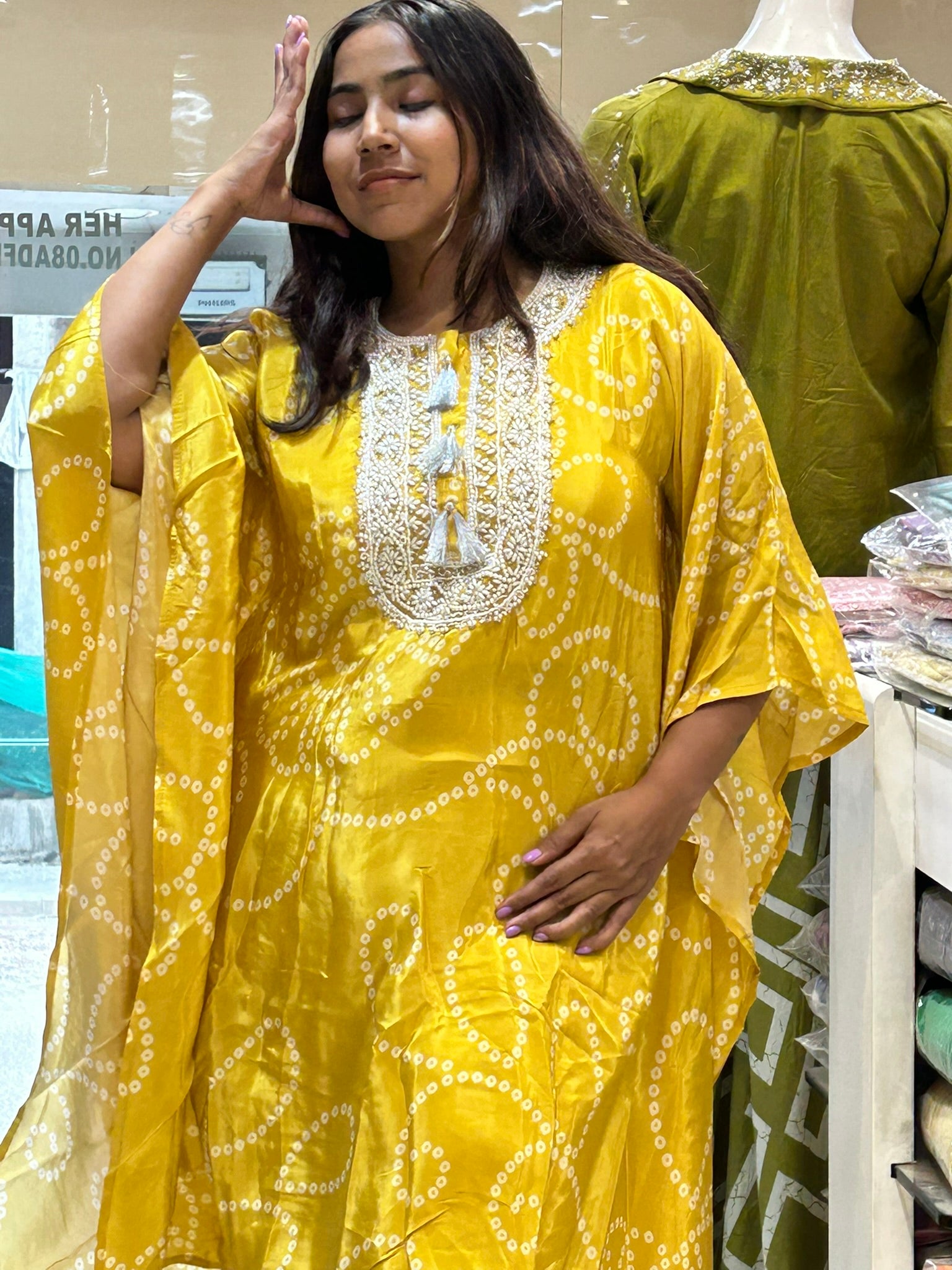 bandani print pure crepe moti pearl kaftaan