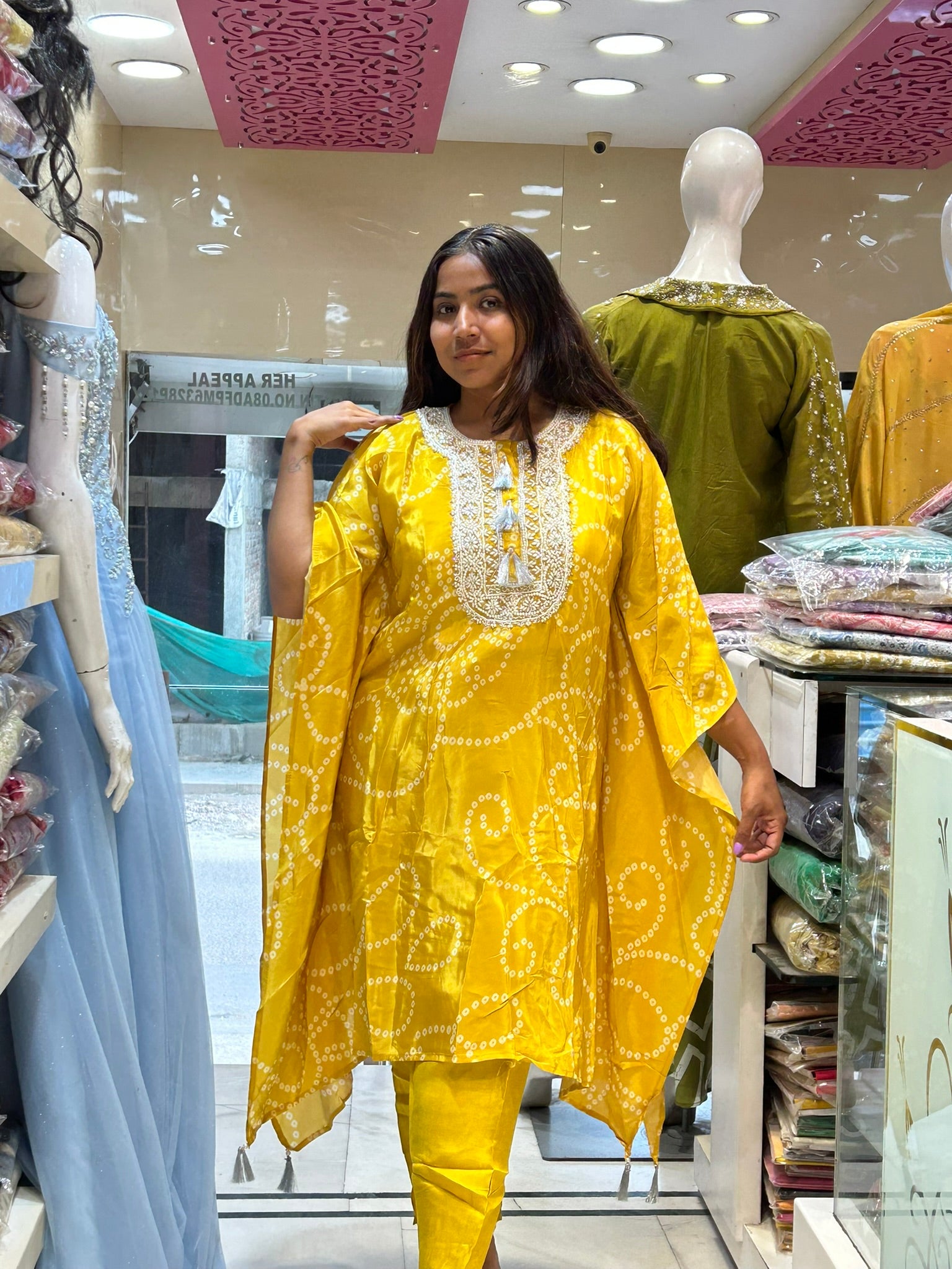 bandani print pure crepe moti pearl kaftaan