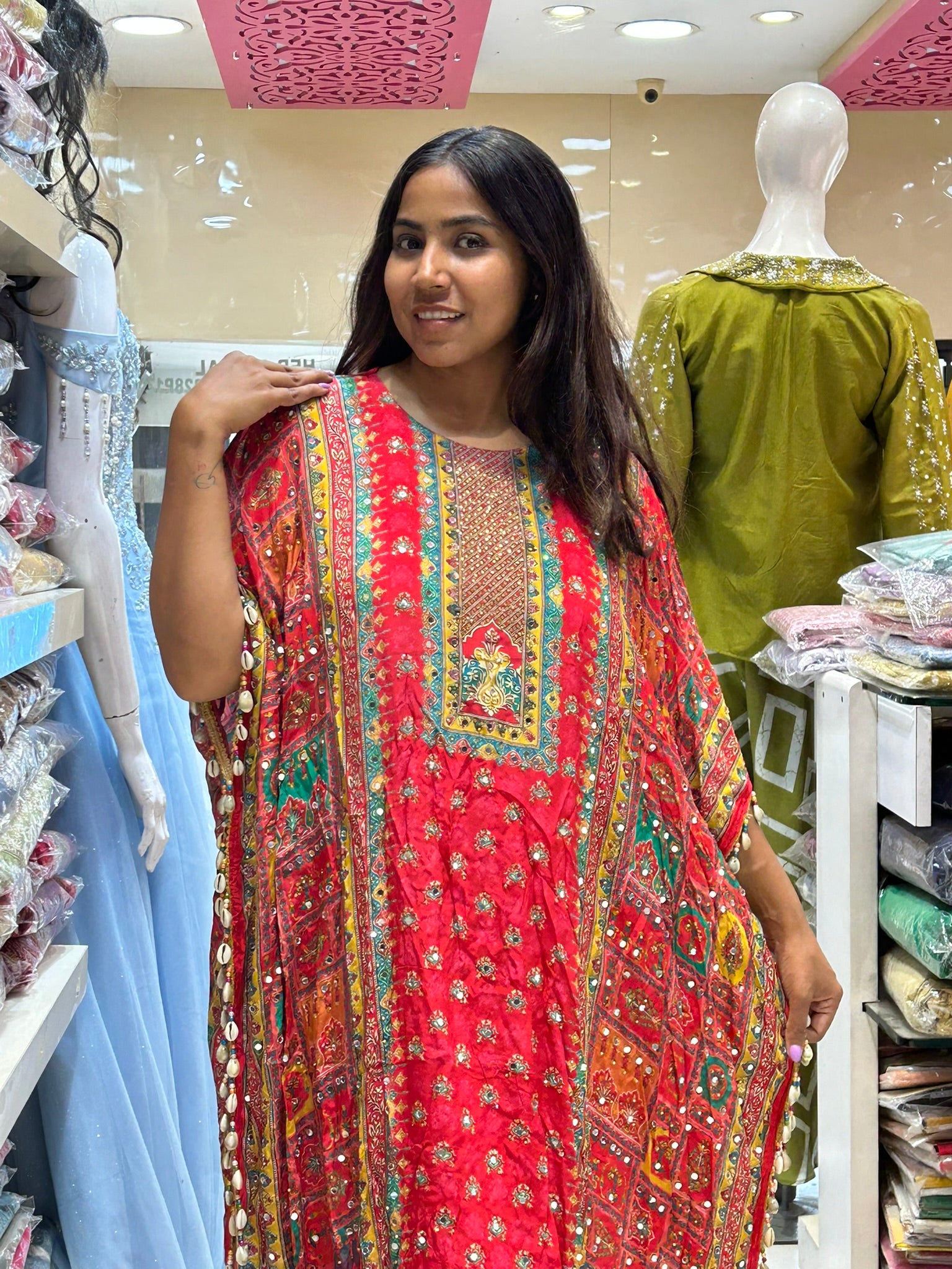 batik print look crepe kaftan with pants