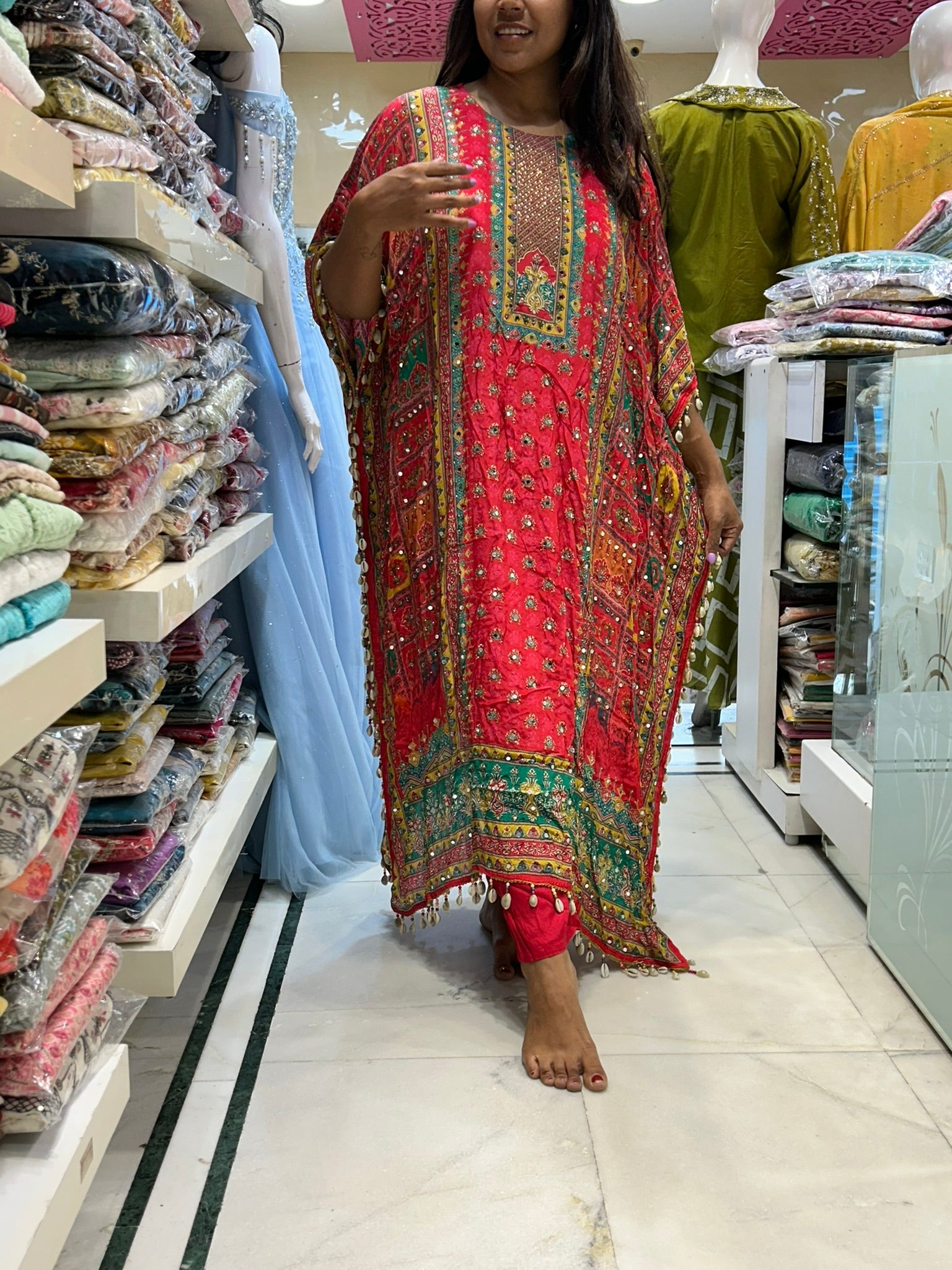 batik print look crepe kaftan with pants