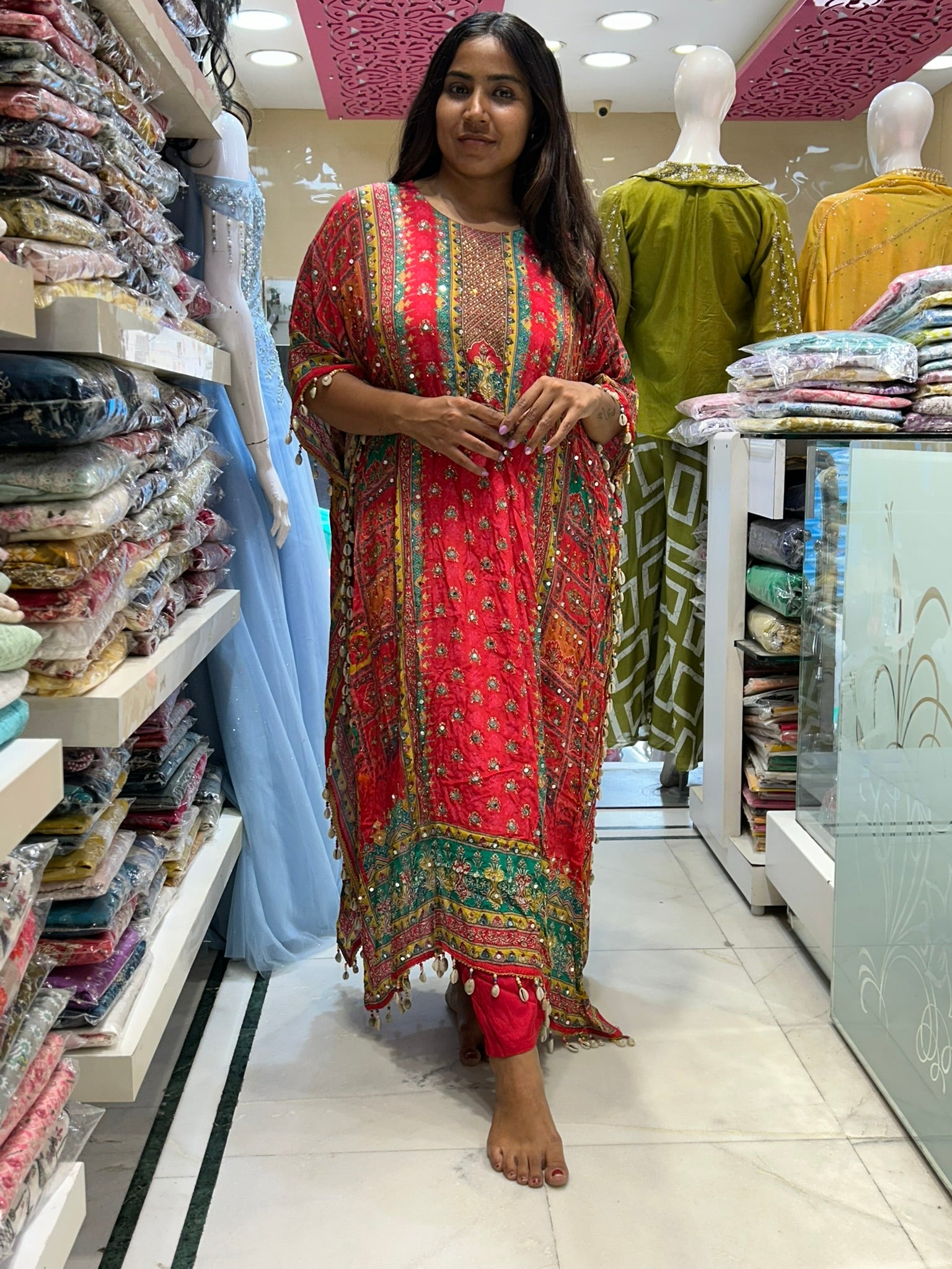 batik print look crepe kaftan with pants