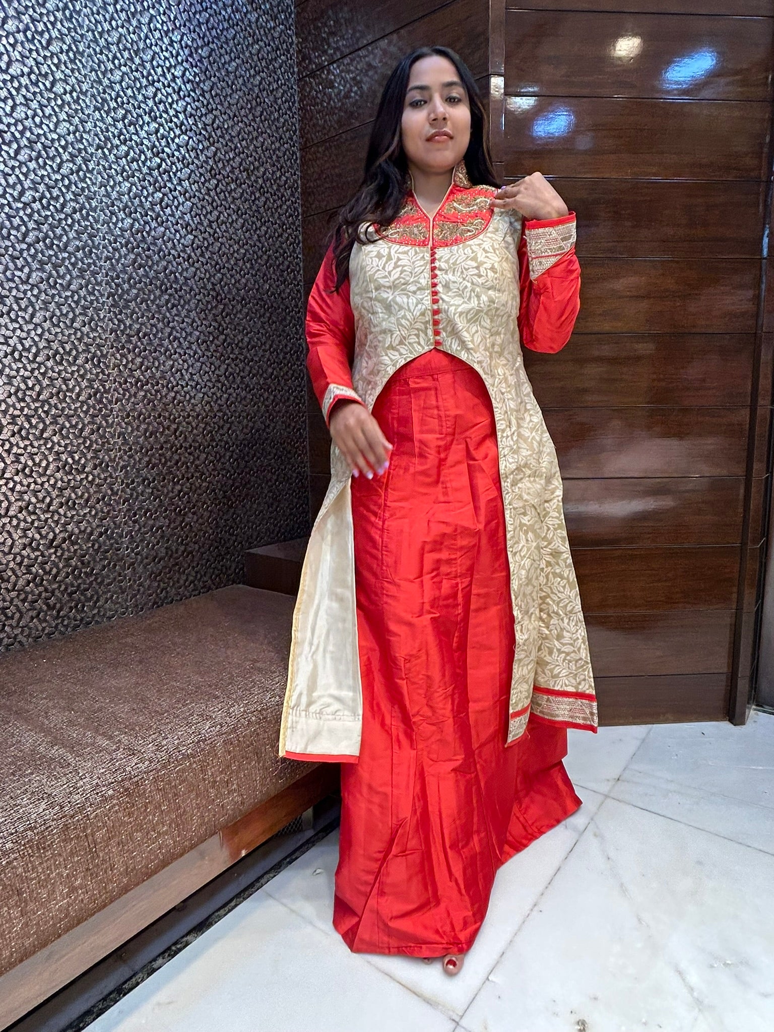 long top indo western in orange and biege