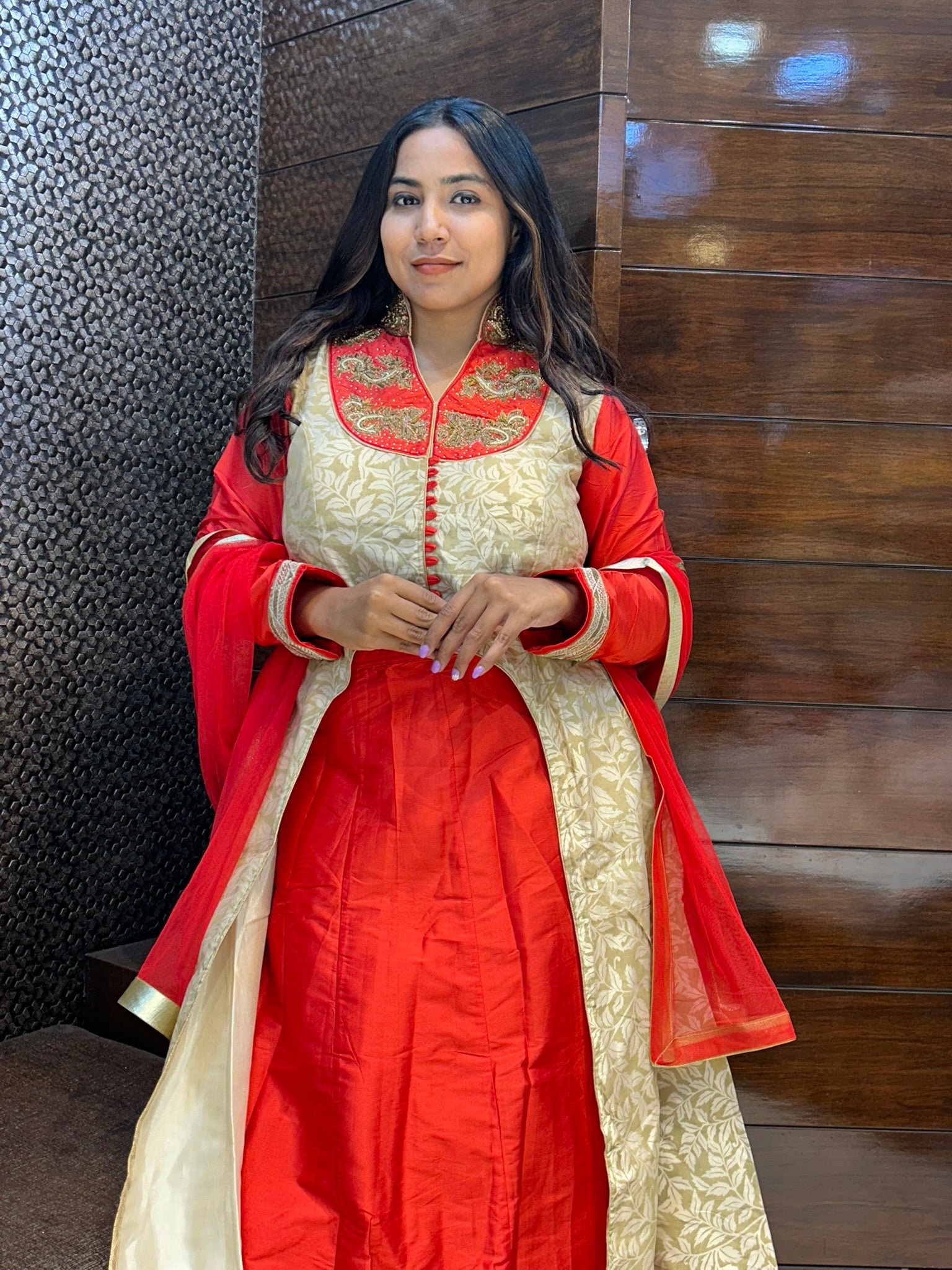 long top indo western in orange and biege