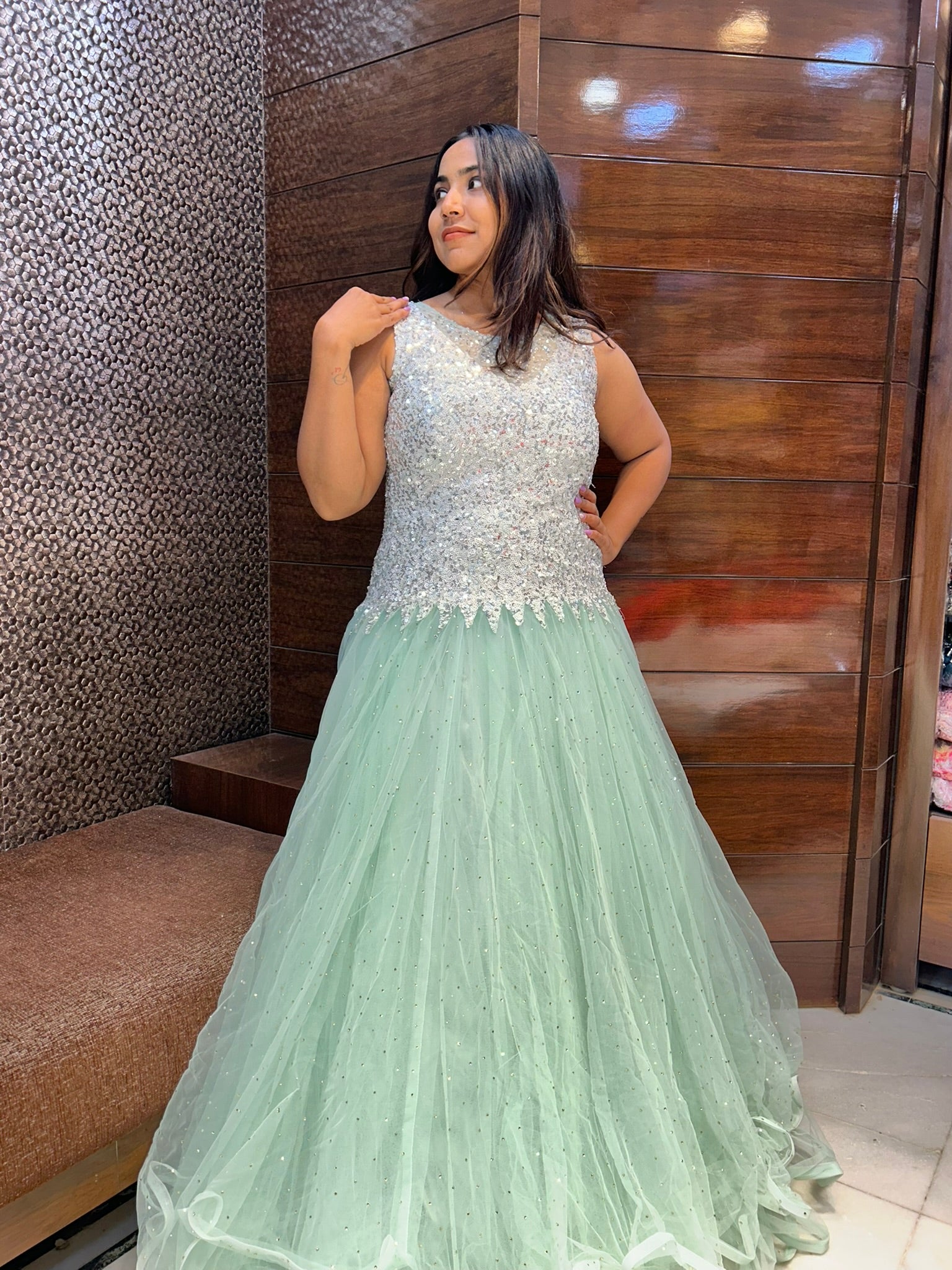 sequence choli sea green net partywear gown