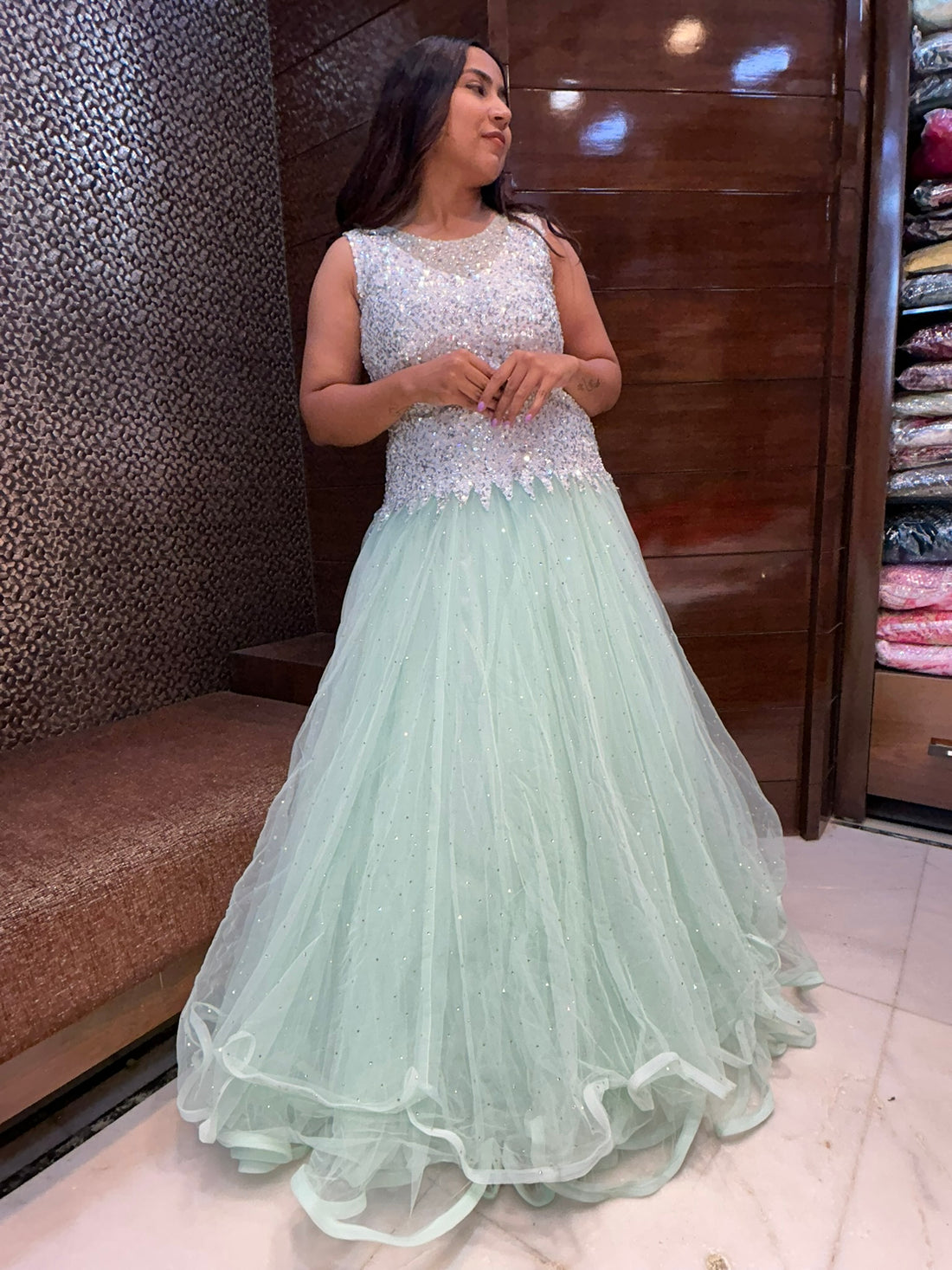 sequence choli sea green net partywear gown