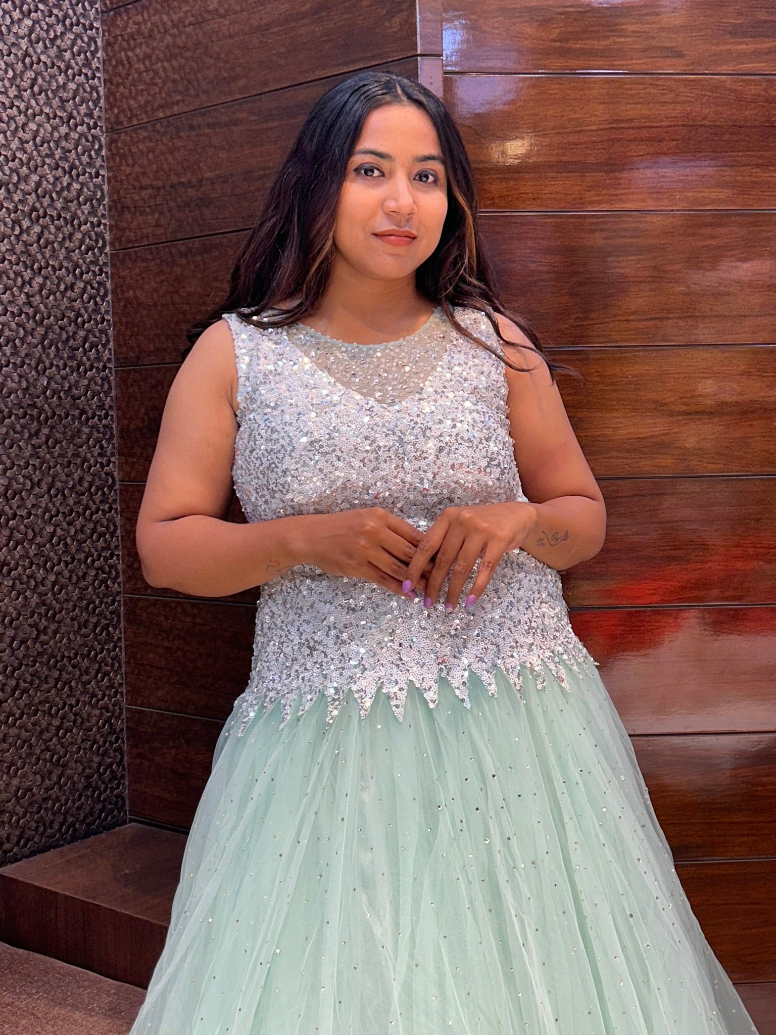 sequence choli sea green net partywear gown