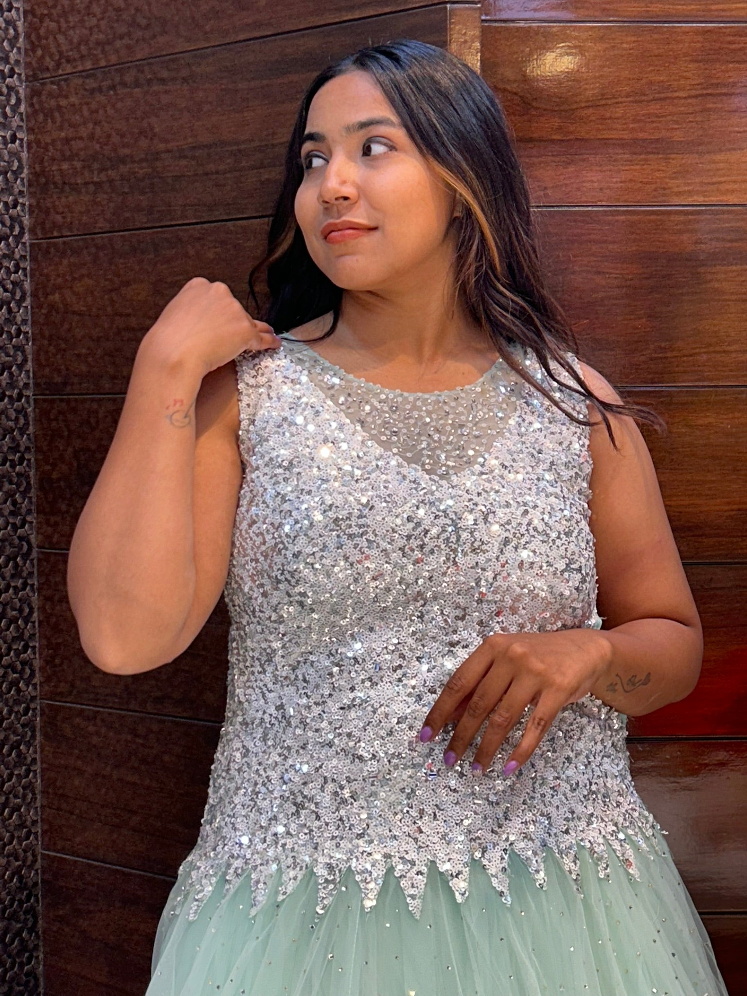 sequence choli sea green net partywear gown