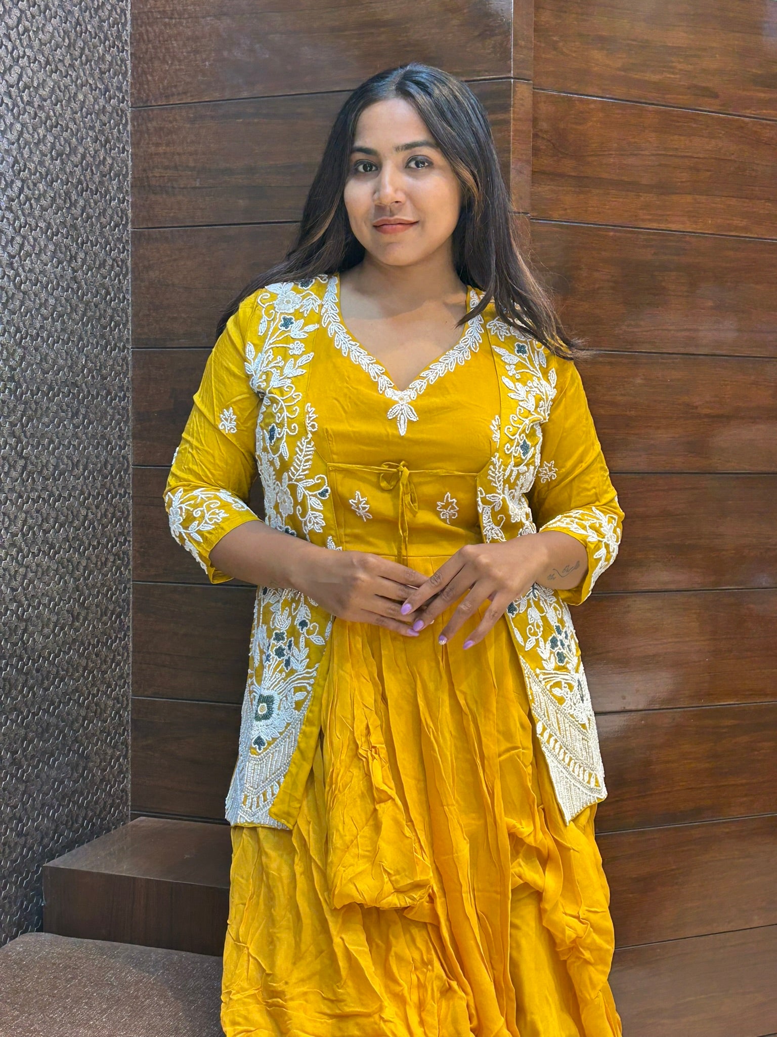 pearl moti work jacket with long gown for mehandi party