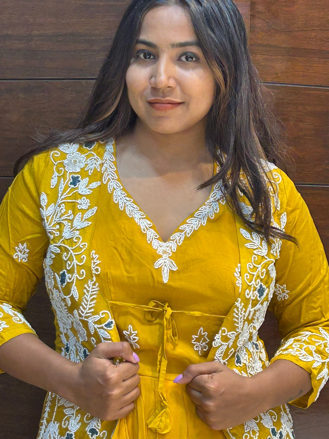 pearl moti work jacket with long gown for mehandi party