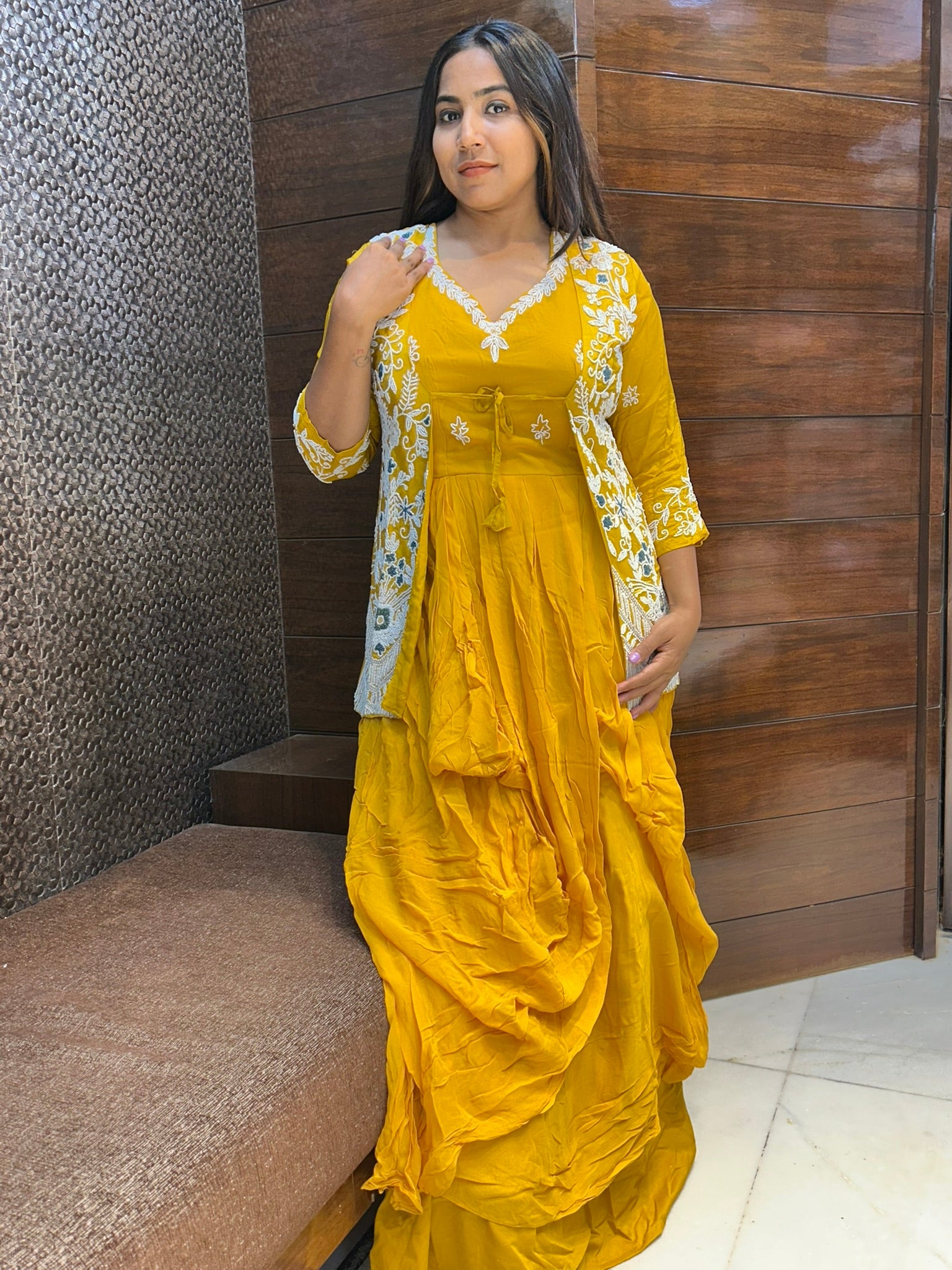 pearl moti work jacket with long gown for mehandi party