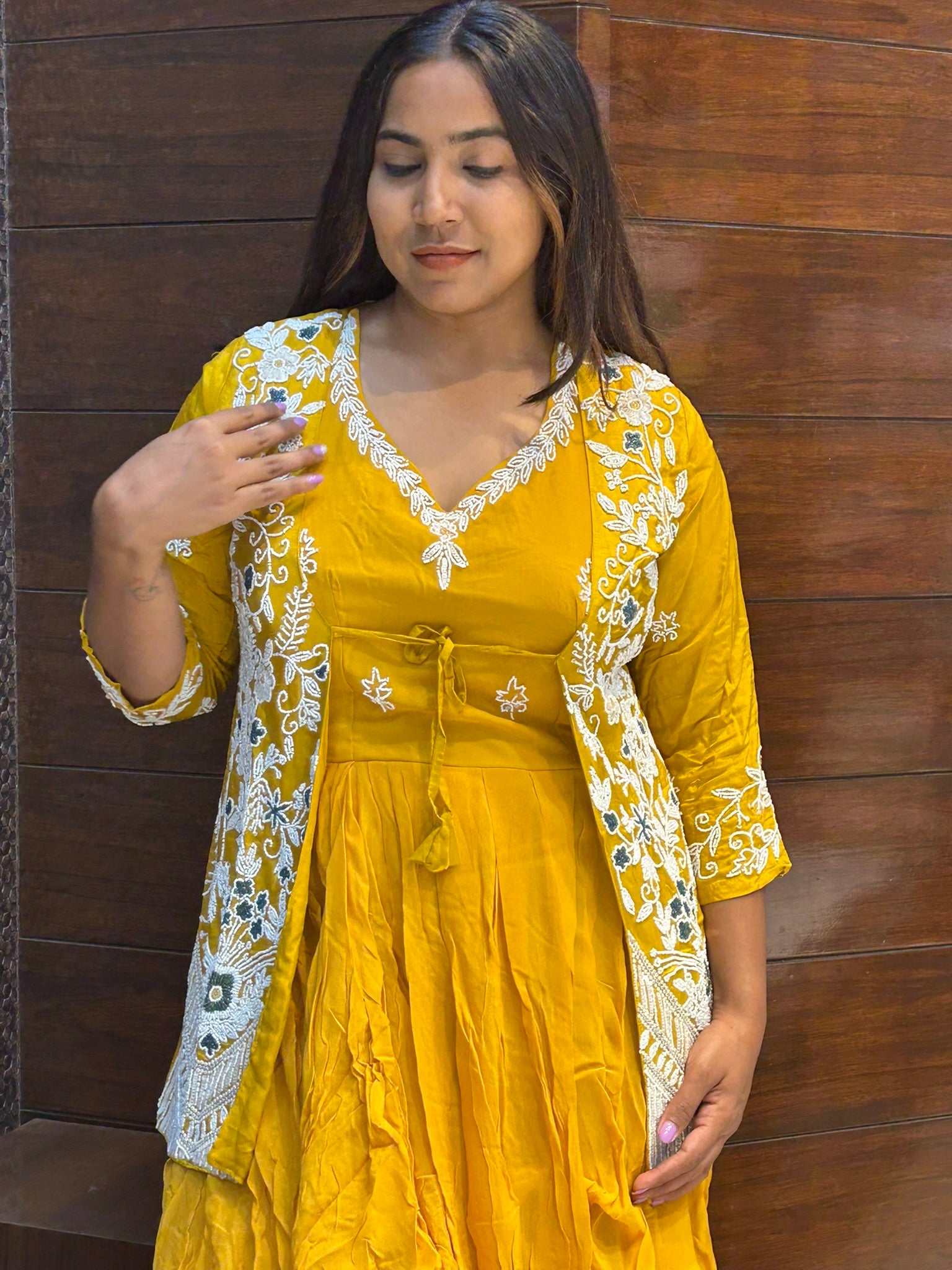 pearl moti work jacket with long gown for mehandi party